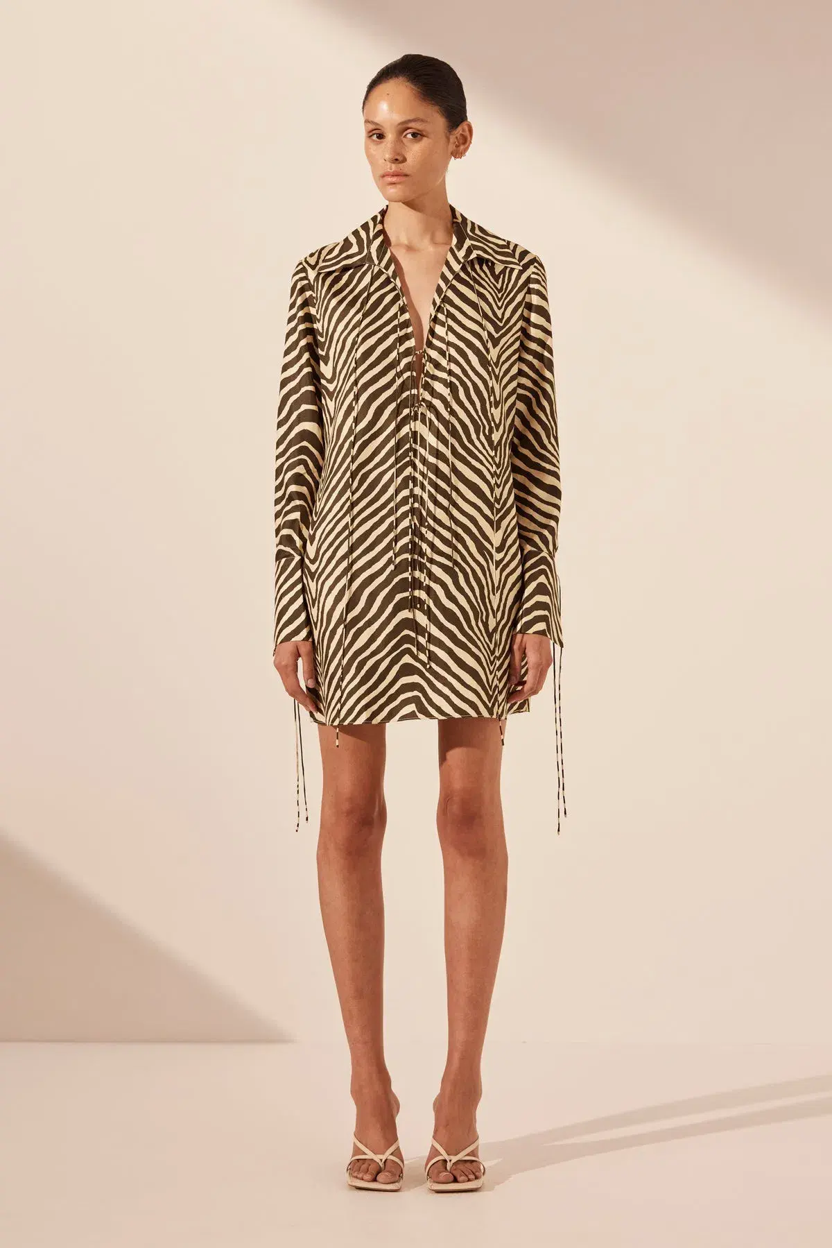 Shona Joy Sana Silk Shirt Tie Mini Dress Bone/Chocolate Size 8 - Image 1