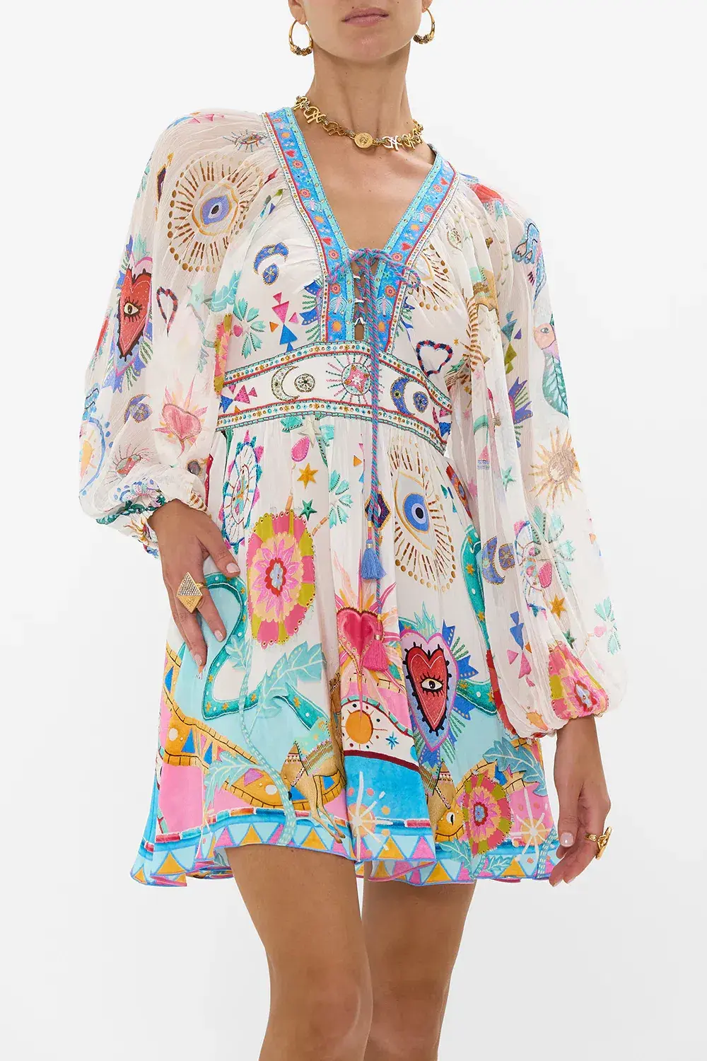 Camilla White Lace Up Front Short Dress Living In Colour Multi Size 12 for rent on The Volte - main image