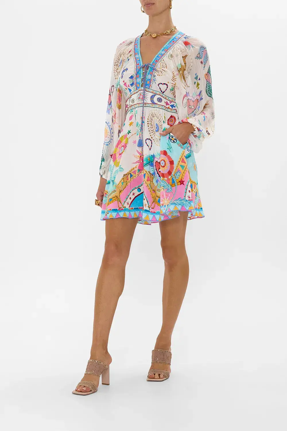 Camilla White Lace Up Front Short Dress Living In Colour Multi Size 12 for rent on The Volte - main image