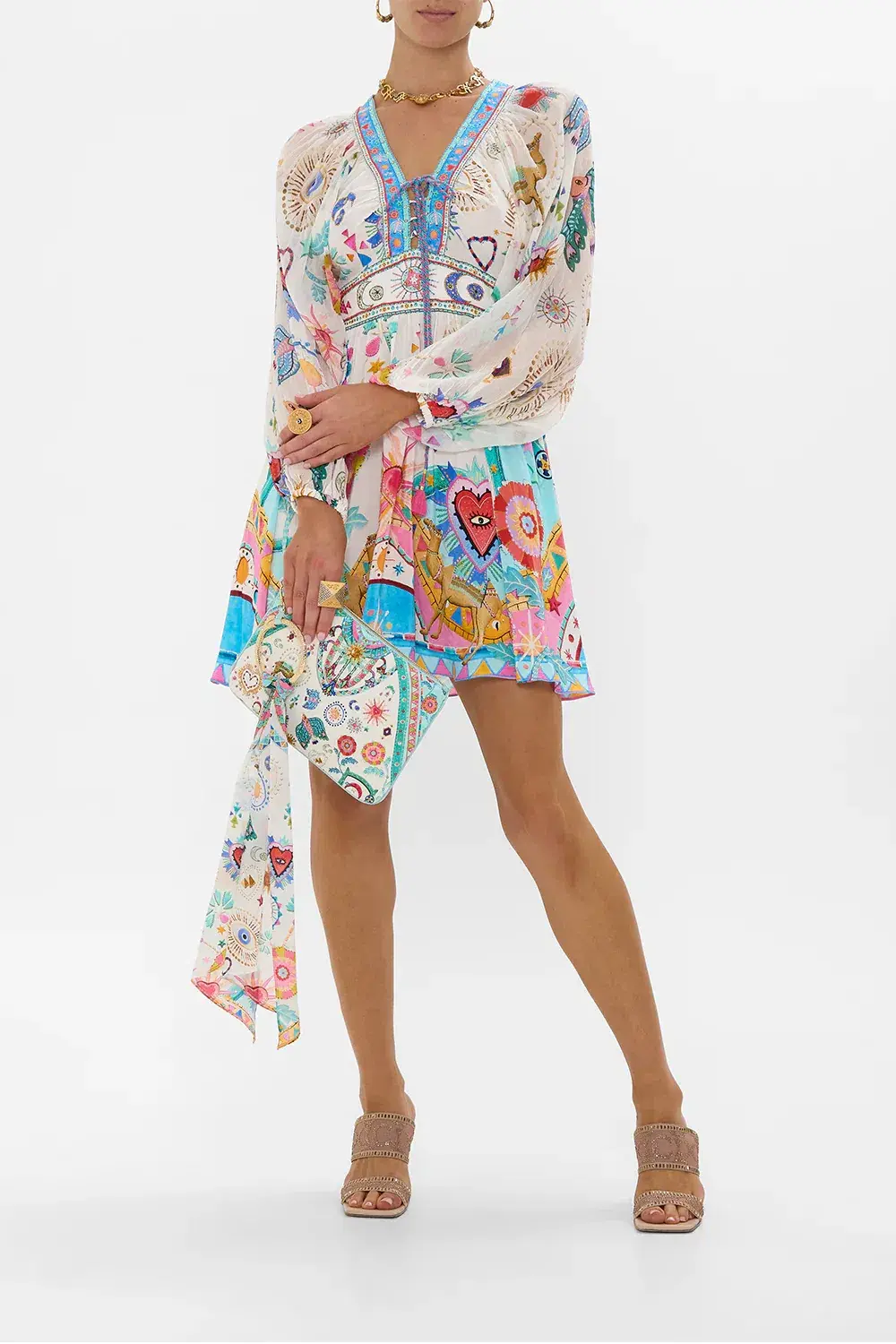 Camilla White Lace Up Front Short Dress Living In Colour Multi Size 12 - Image 5