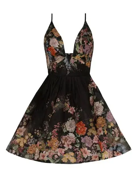 Zimmermann Pavilion V Neck Mini Dress in Black Multi Floral Size 3 / AU 14 for rent on The Volte - main image