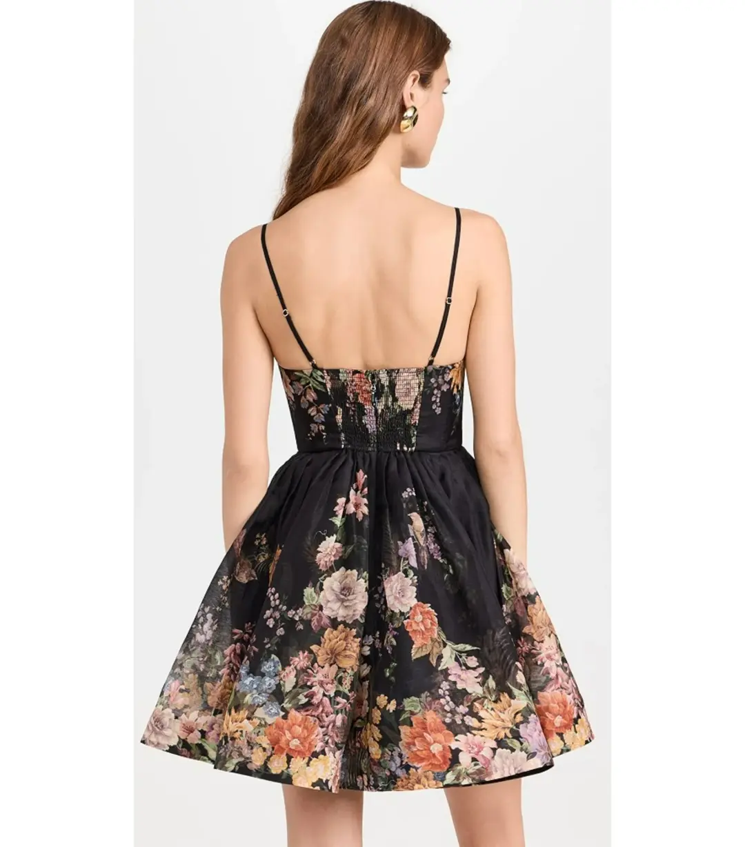 Zimmermann Pavilion V Neck Mini Dress in Black Multi Floral Size 3 / AU 14 for rent on The Volte - main image