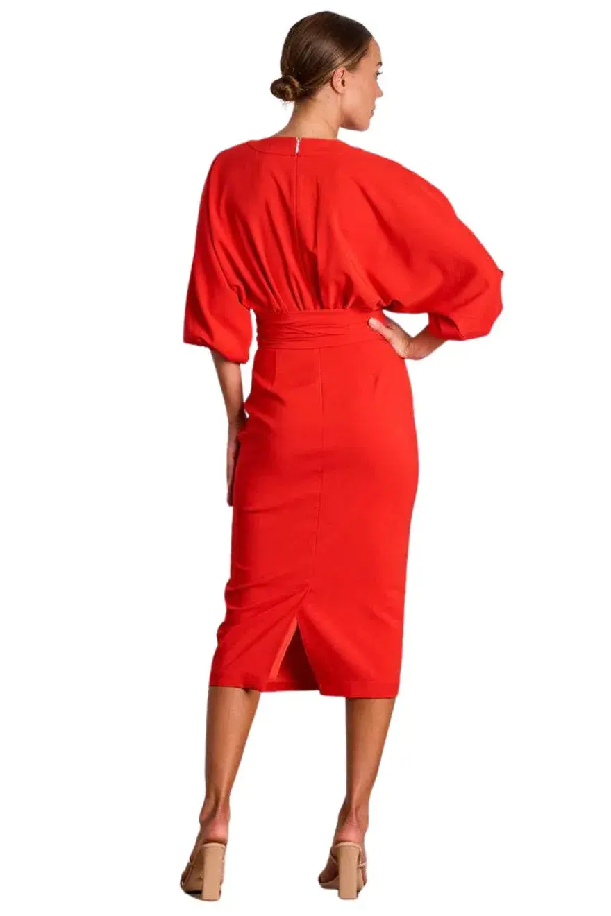 Pasduchas Emerson Drape Midi Dress Poppy Red Size 10 - Image 3