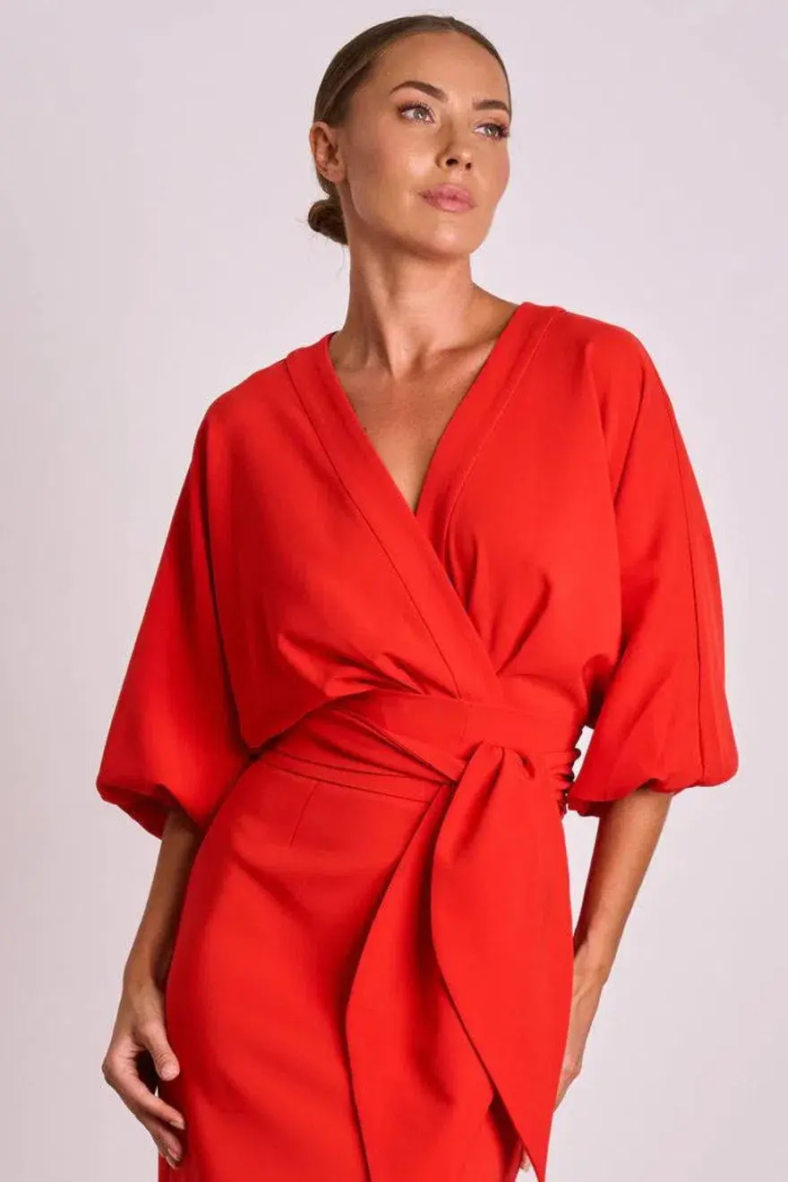 Pasduchas Emerson Drape Midi Dress Poppy Red Size 10 - Image 2