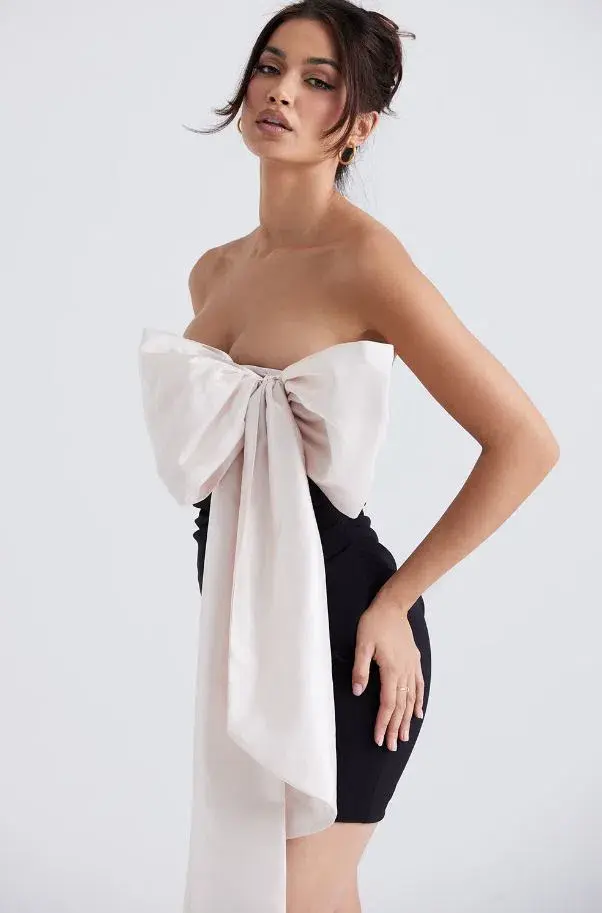 House of CB Jana Bow Mini Dress Black & Ivory Size M (AU 10) - Image 4