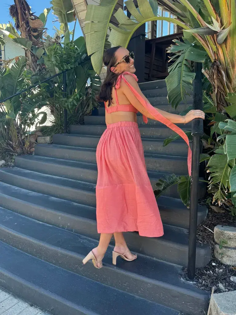 Zimmermann Botanica Tie Bustier Size 1 / AU 10 and Skirt Size 0 / AU 8 Set Guava  for rent on The Volte - main image