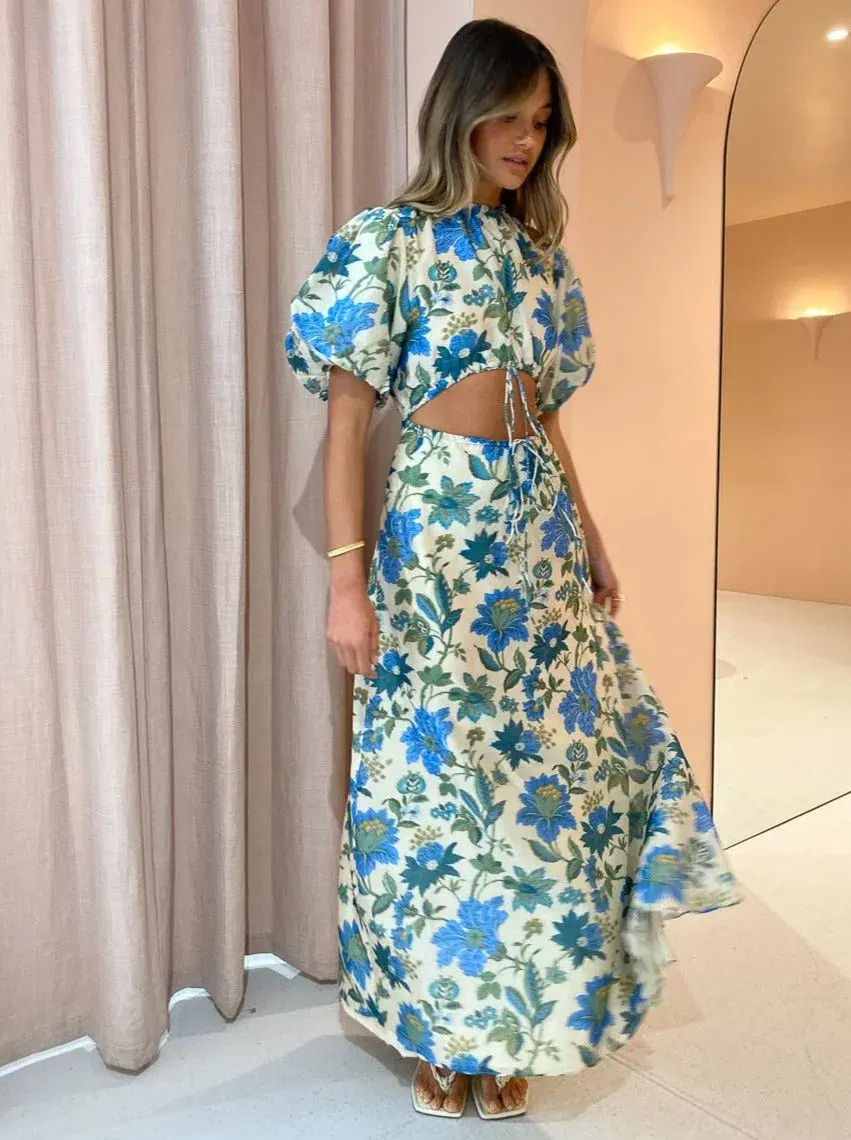 Sir the Label Celia Puff Sleeve Midi Dress in Blue Floral Alexandre Print Size 0 (AU 6) - Image 2