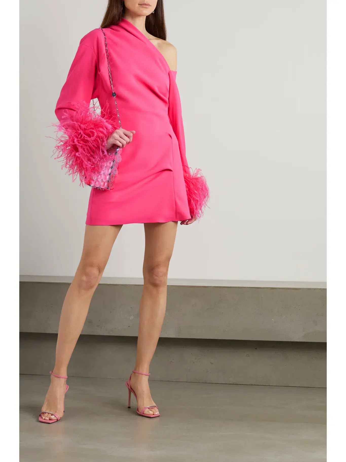 16Arlington Adelaide One Shoulder Feather Crepe Mini Dress Pink Size 8 - Image 1