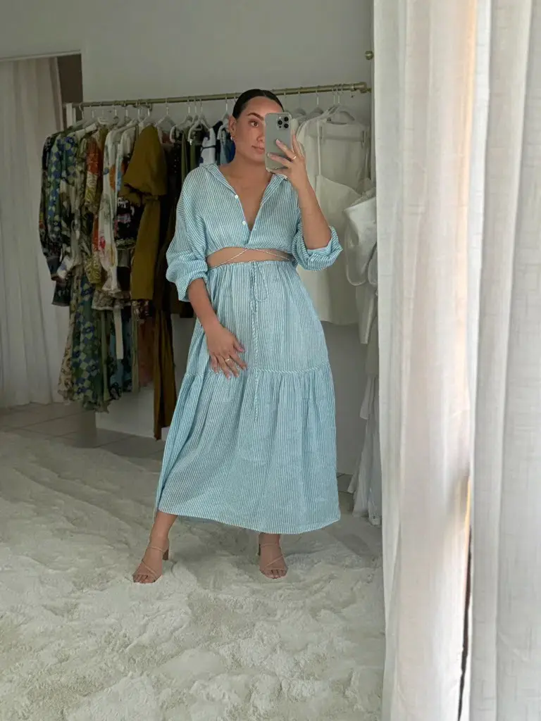 Scanlan Theodore Striped Cotton Voile Crop Shirt and Skirt Set Print Blue Size AU 6 - Image 8