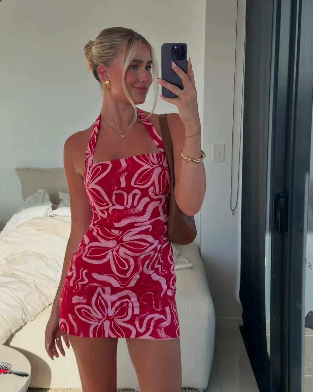 Kookai Soley Rouched Mini Dress Pink/Red Size 8 for rent on The Volte - main image