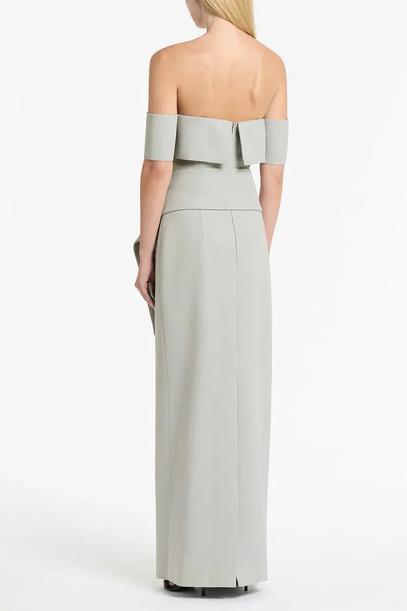 Carla Zampatti Silver Crepe La Banda Off Shoulder Gown Size 6  for rent on The Volte - main image