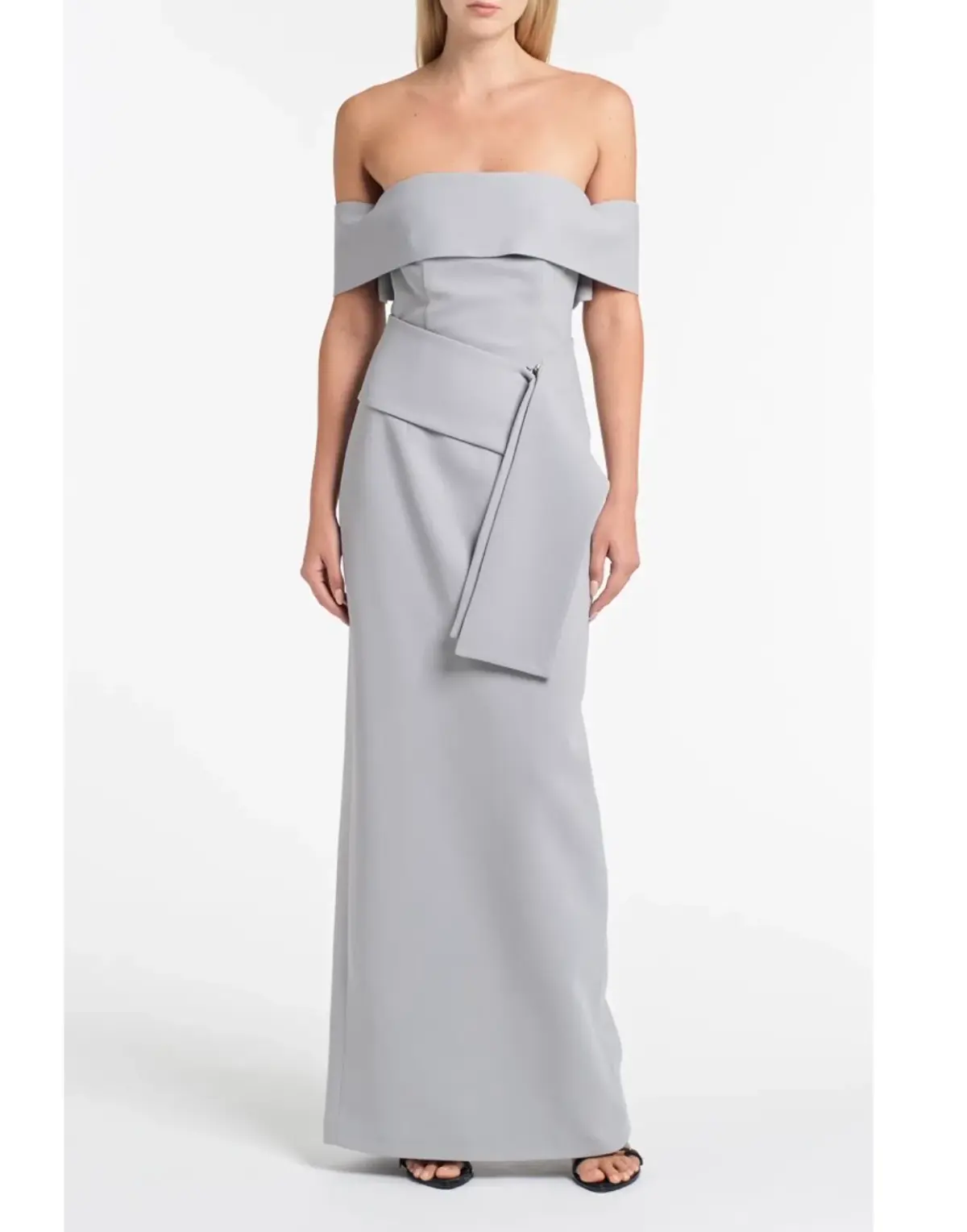 Carla Zampatti Silver Crepe La Banda Off Shoulder Gown Size 6  - Image 3