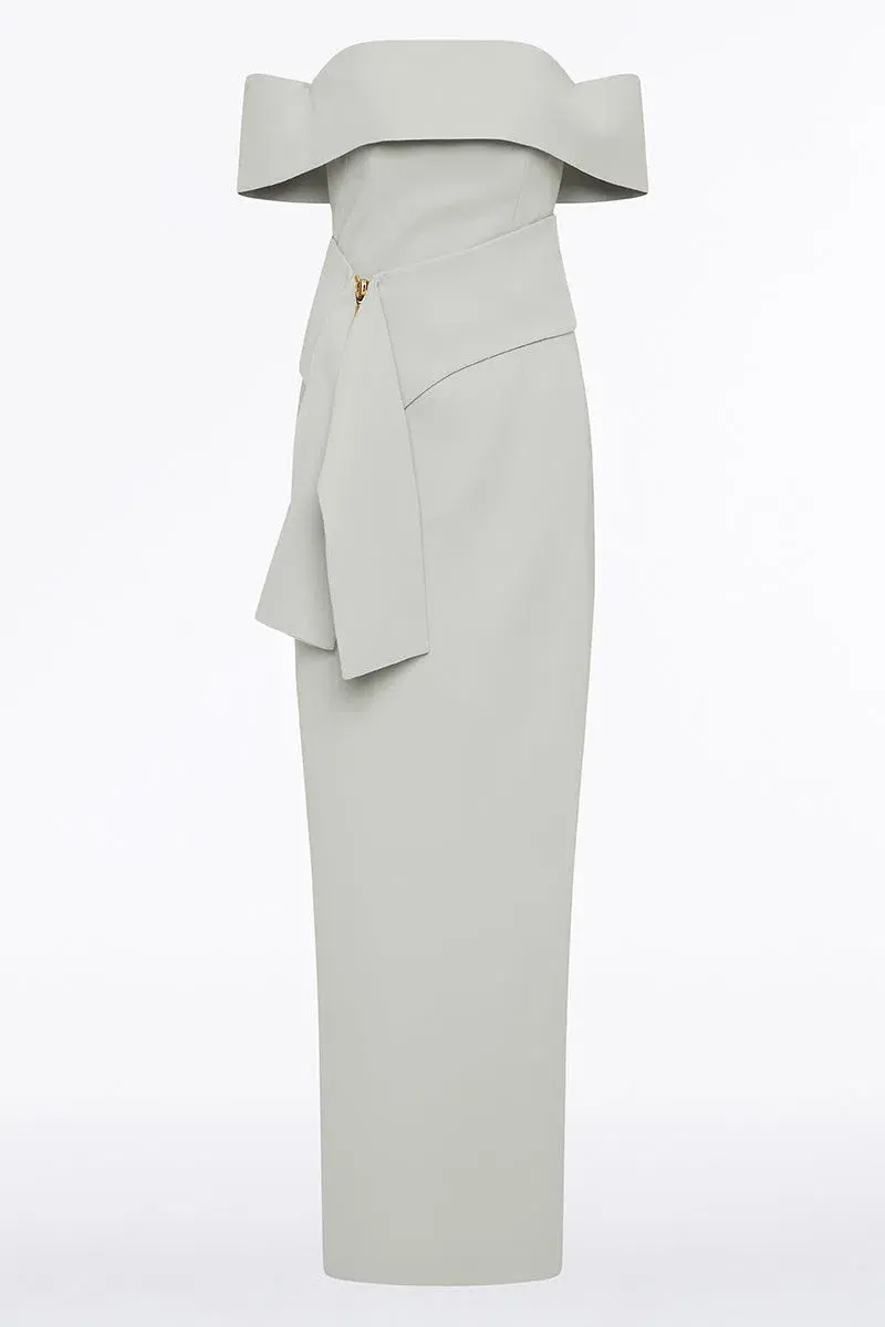 Carla Zampatti Silver Crepe La Banda Off Shoulder Gown Size 6  for rent on The Volte - main image