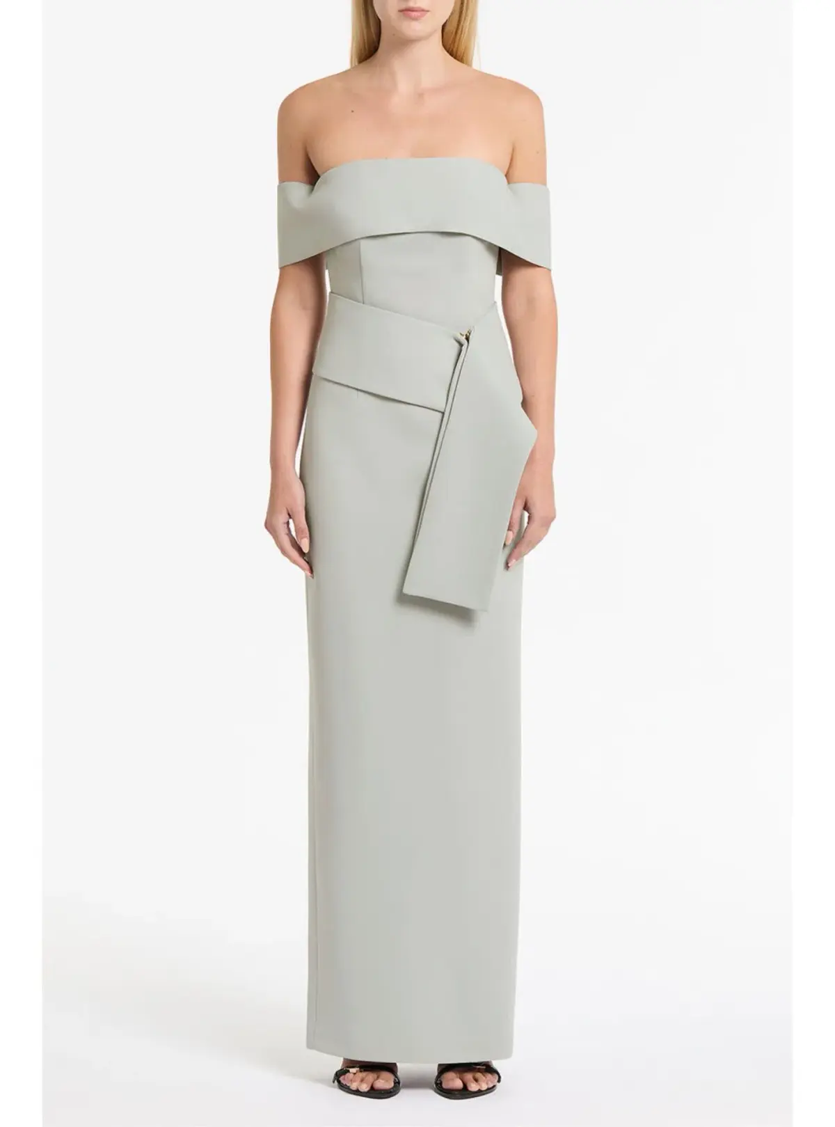 Carla Zampatti Silver Crepe La Banda Off Shoulder Gown Size 6  - Image 1