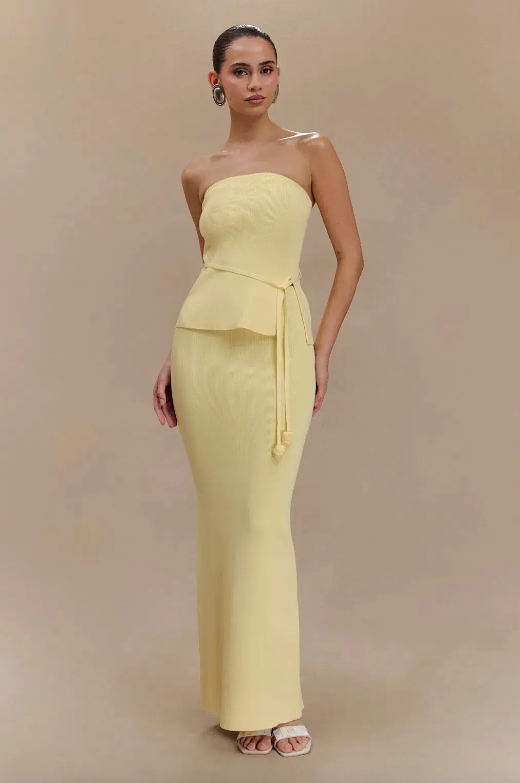 Meshki Keaton Strapless Rose Tie Knit Top and Fishtail Knit Maxi Skirt Set in Lemon Size 8 - Image 1