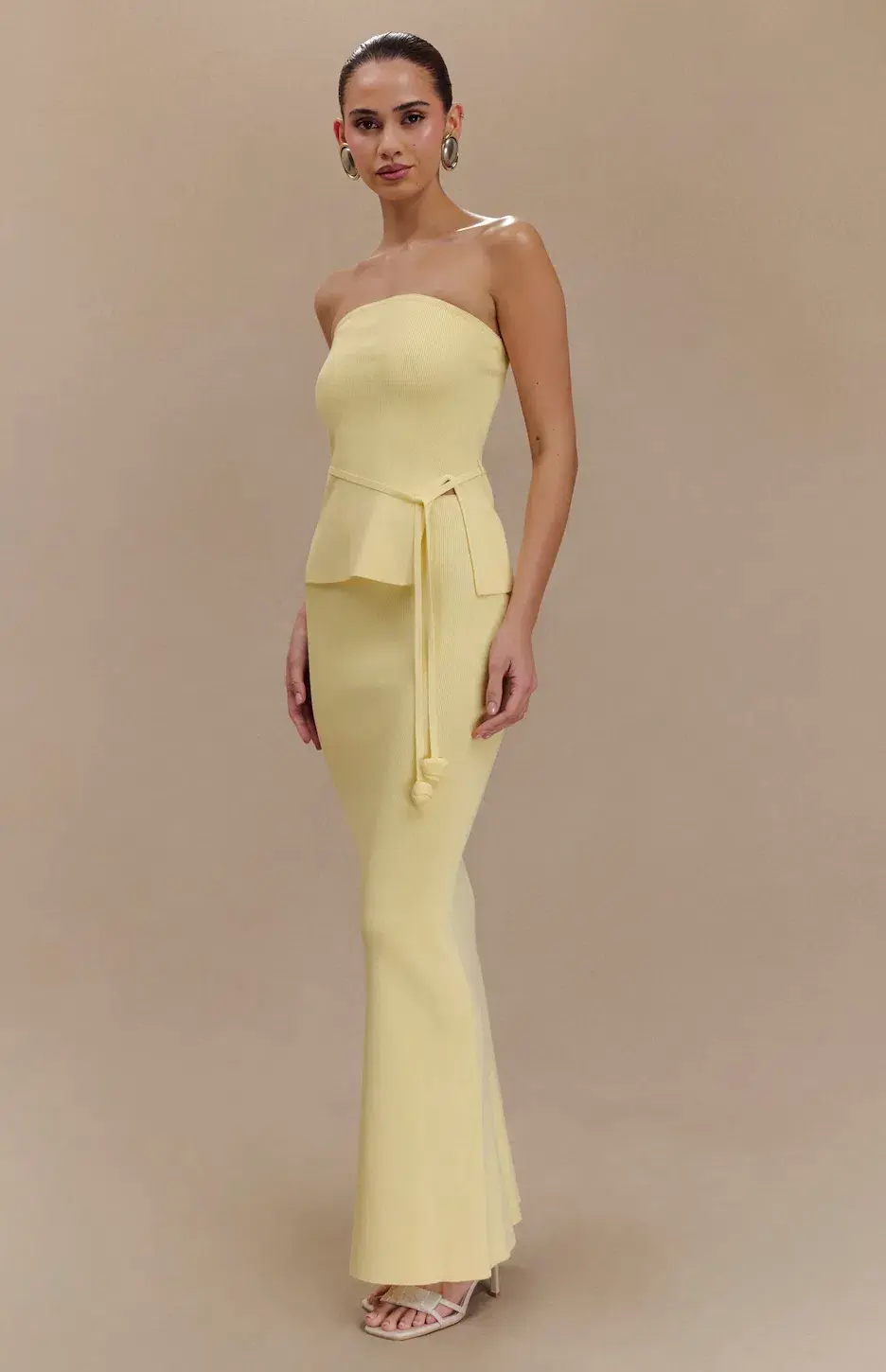 Meshki Keaton Strapless Rose Tie Knit Top and Fishtail Knit Maxi Skirt Set in Lemon Size 8 - Image 2