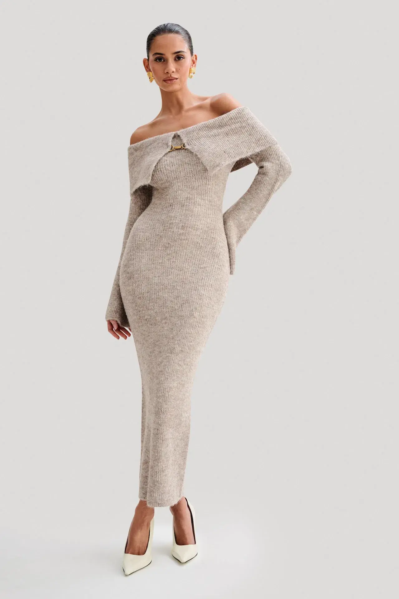 Meshki Baxter Off Shoulder Fluffy Knit Midi Dress Taupe Marle Size L / AU 12 - Image 1