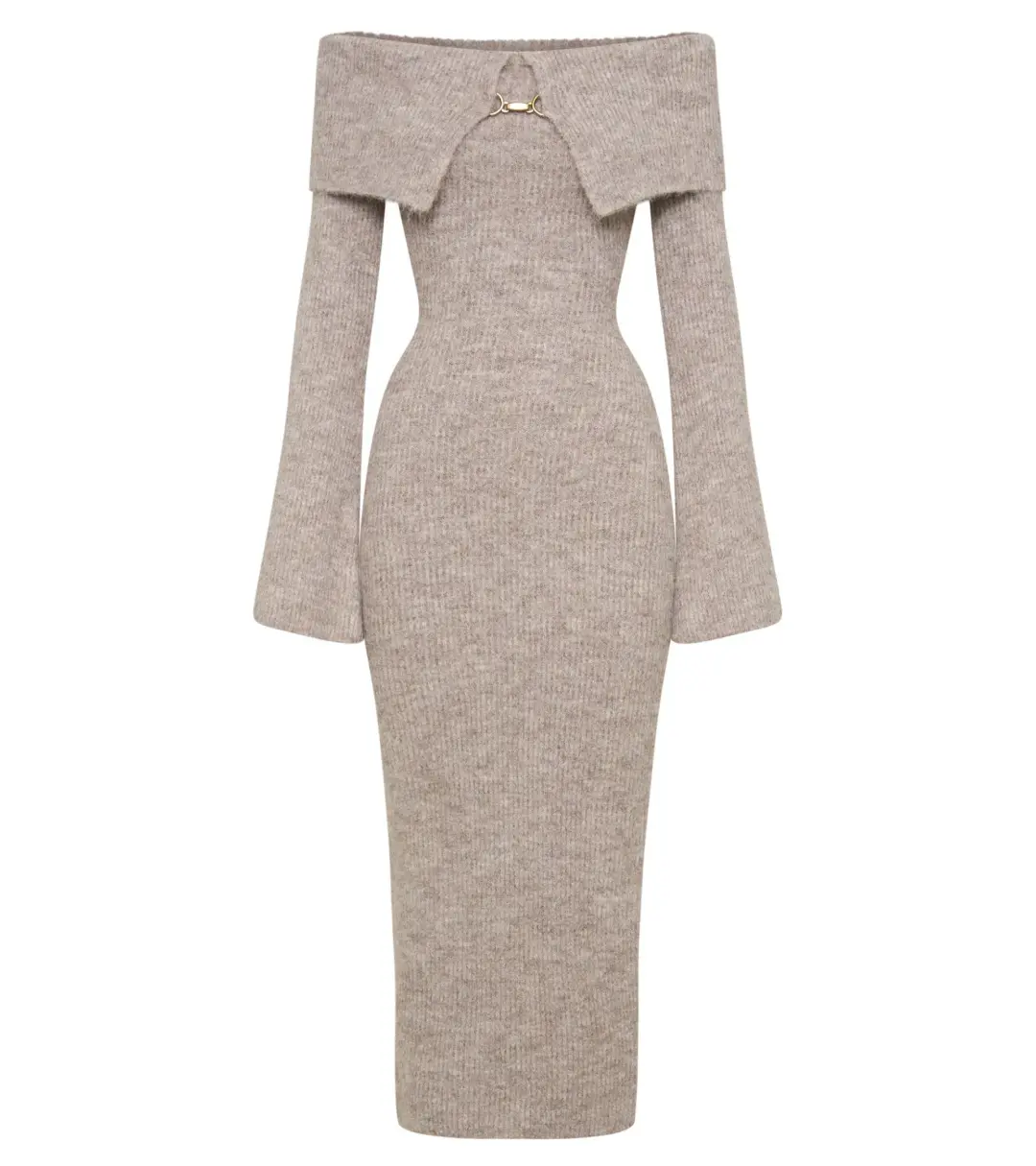 Meshki Baxter Off Shoulder Fluffy Knit Midi Dress Taupe Marle Size L / AU 12 for rent on The Volte - main image