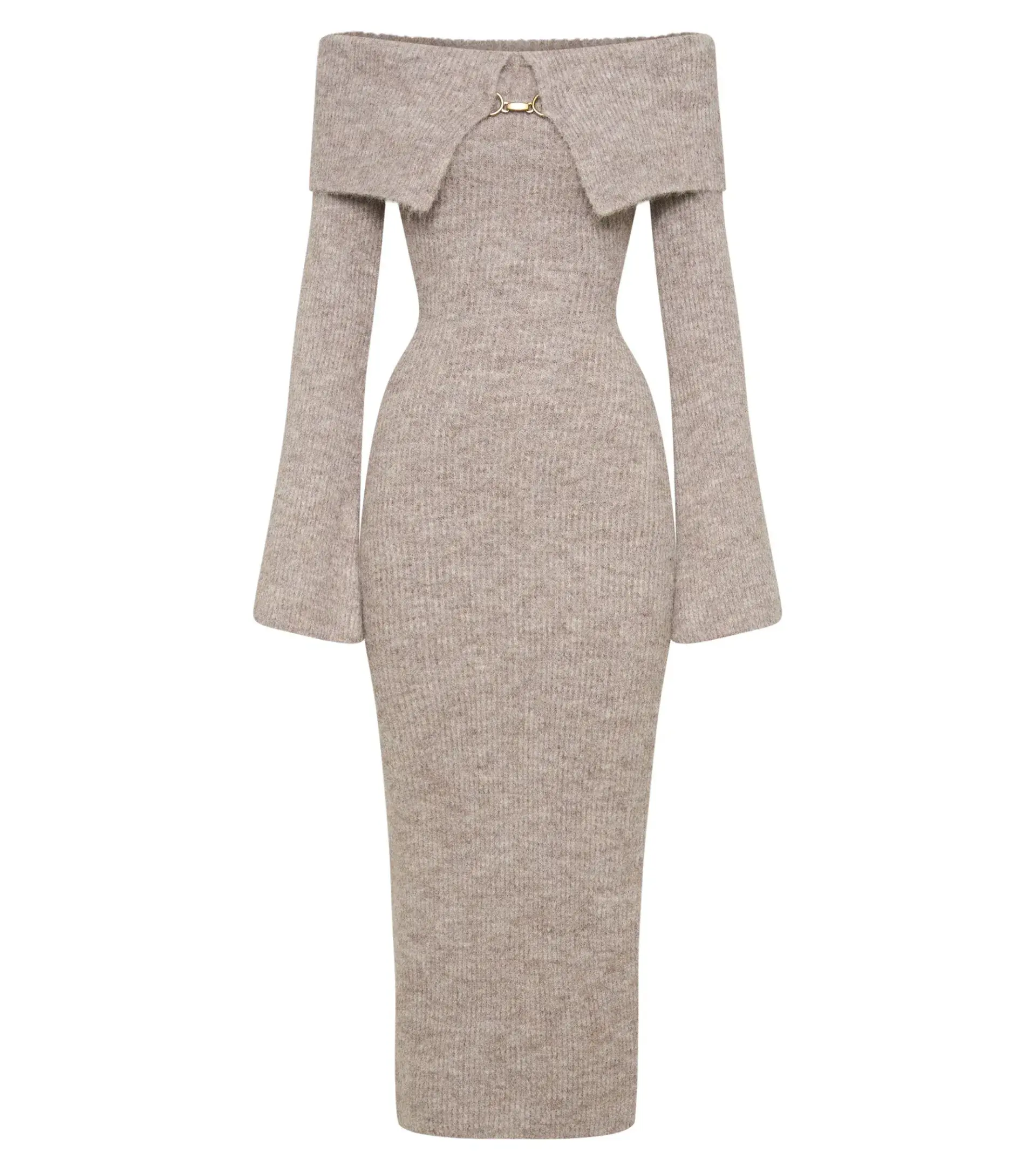 Meshki Baxter Off Shoulder Fluffy Knit Midi Dress Taupe Marle Size L / AU 12 - Image 4