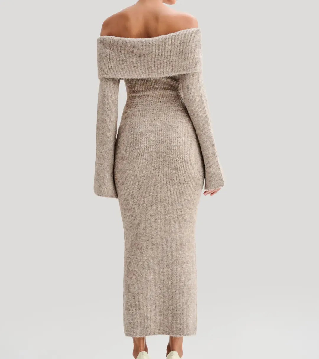 Meshki Baxter Off Shoulder Fluffy Knit Midi Dress Taupe Marle Size L / AU 12 for rent on The Volte - main image