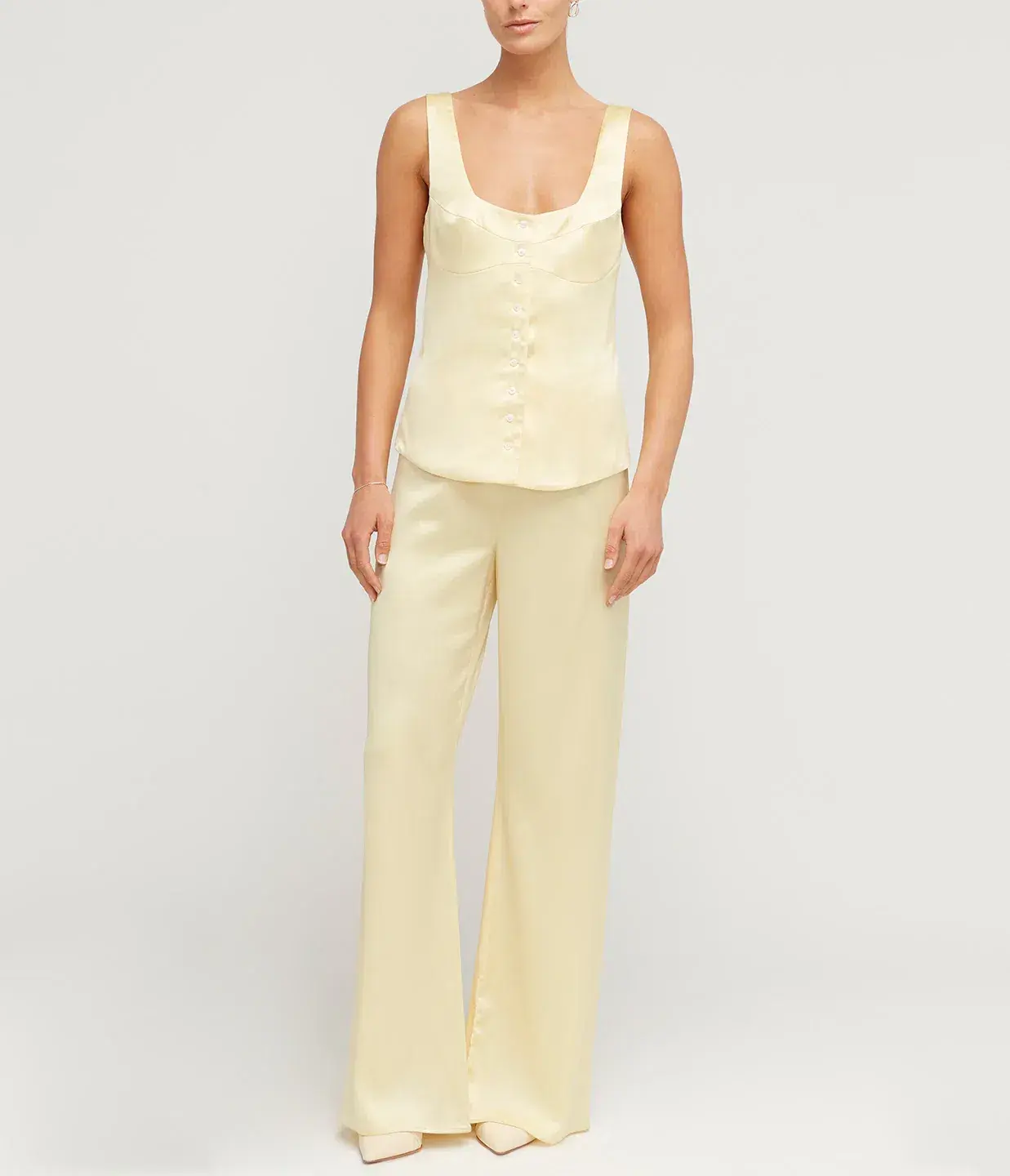 Maison Essentiele Button Down Vest Size XS and Straight Leg Pant Size S Set in Pale Yellow - Image 1