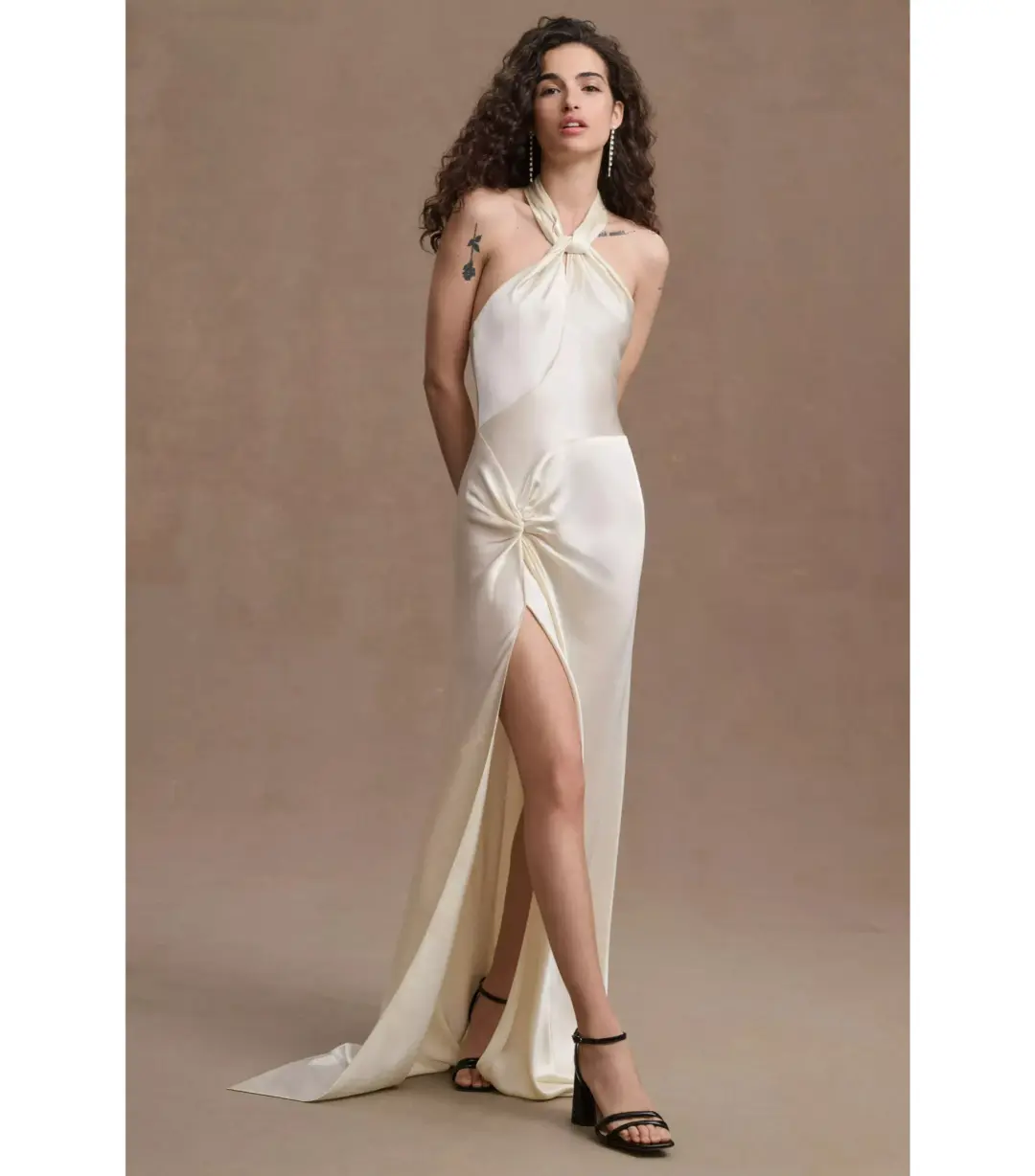 Ronny Kobo Samra Satin Twist-Halter Column Gown Cream Size AU 12 for rent on The Volte - main image