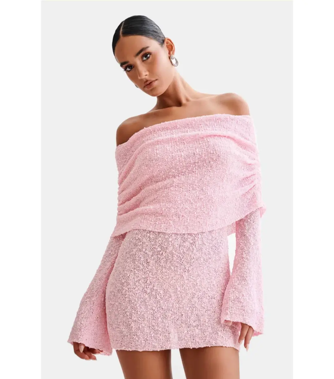 Meshki Marisol Off Shoulder Boucle Mini Dress Baby Pink Size XS / AU 6 for rent on The Volte - main image