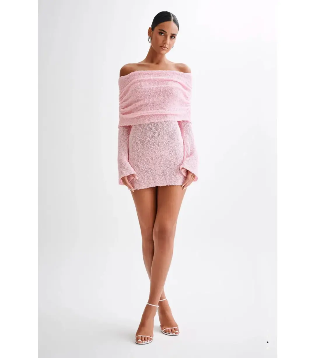 Meshki Marisol Off Shoulder Boucle Mini Dress Baby Pink Size XS / AU 6 for rent on The Volte - main image