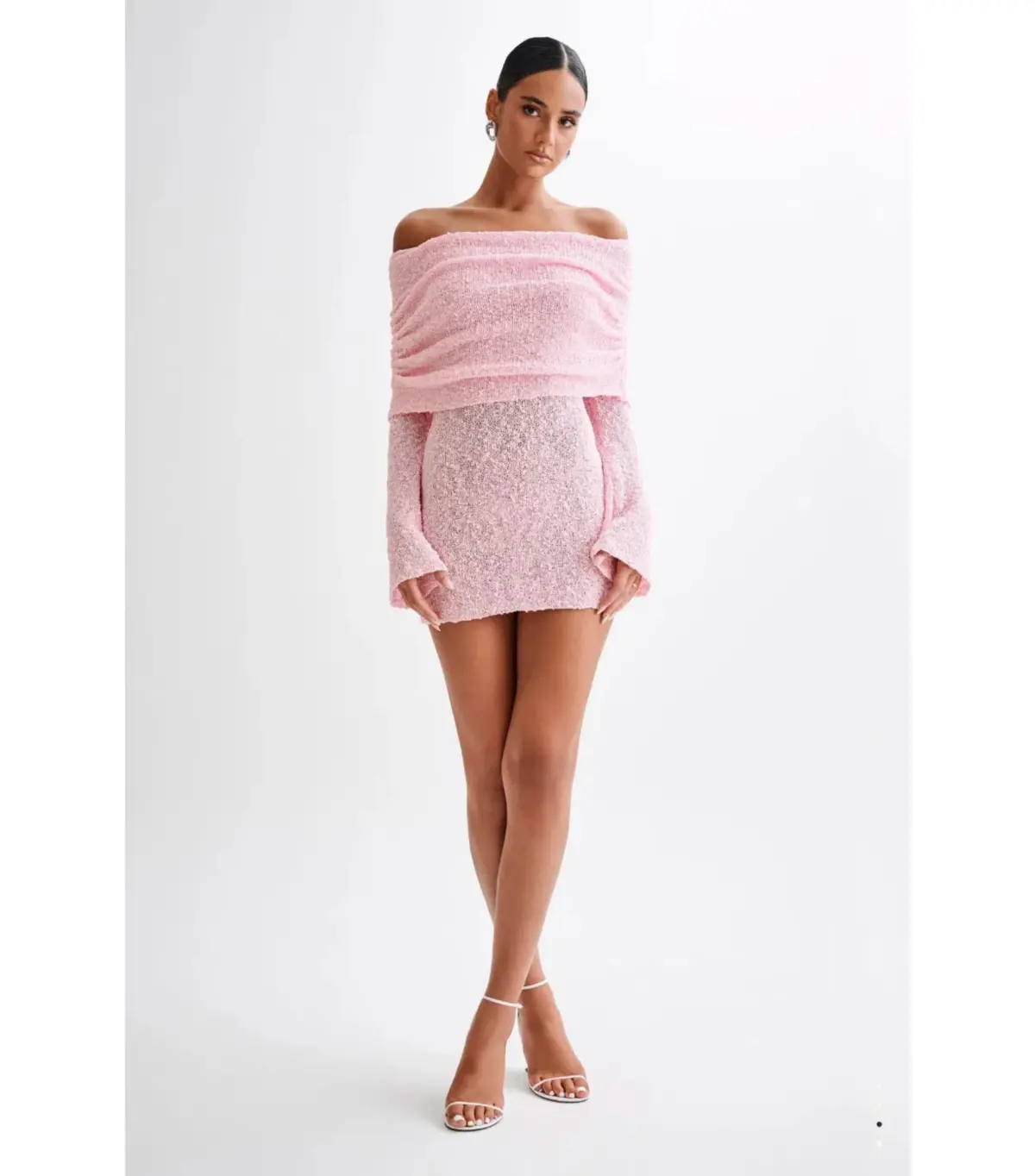 Meshki Marisol Off Shoulder Boucle Mini Dress Baby Pink Size XS / AU 6 - Image 1