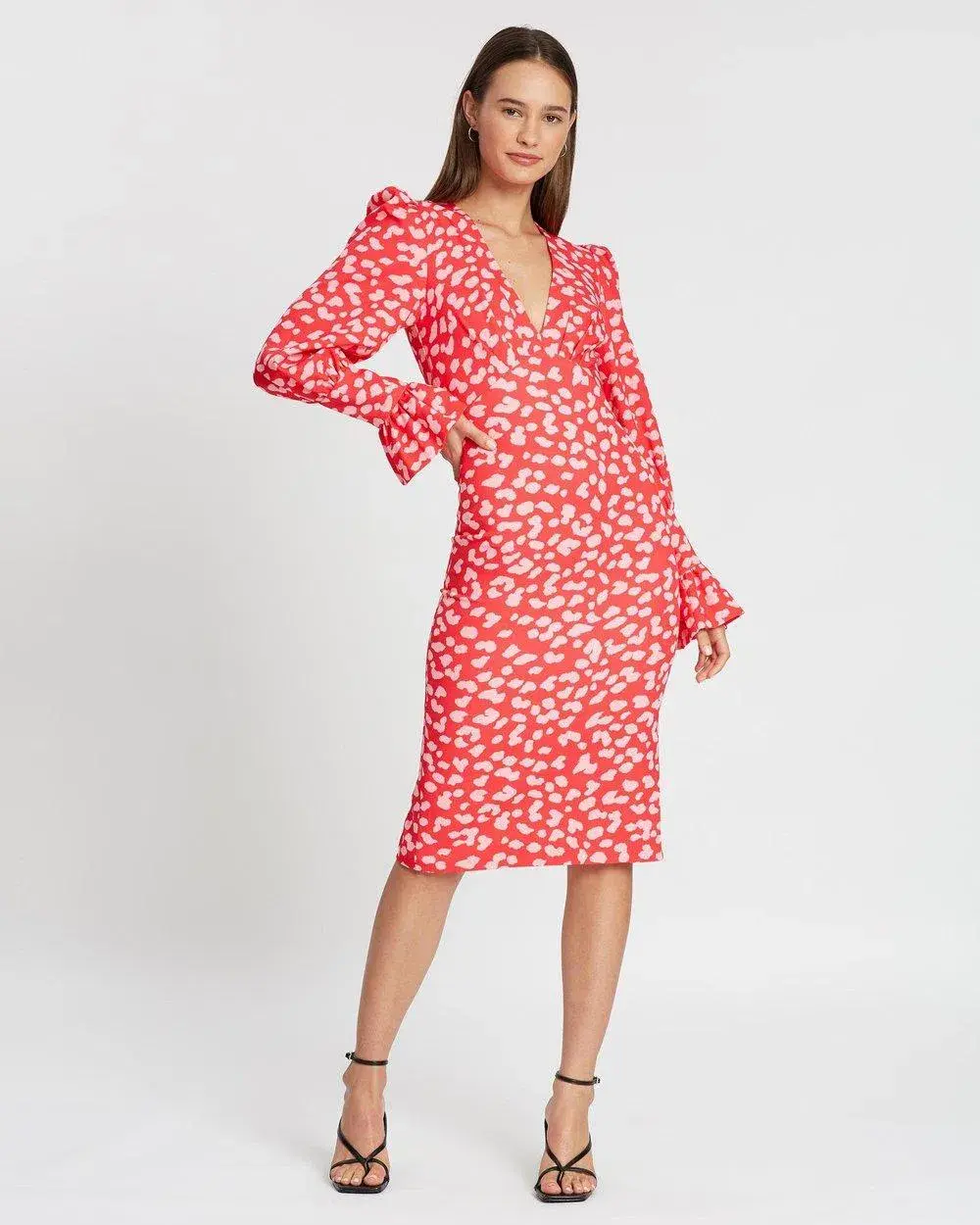 By Johnny Strawberry Leopard Tulip Midi Dress Pink Size 8 for rent on The Volte - main image