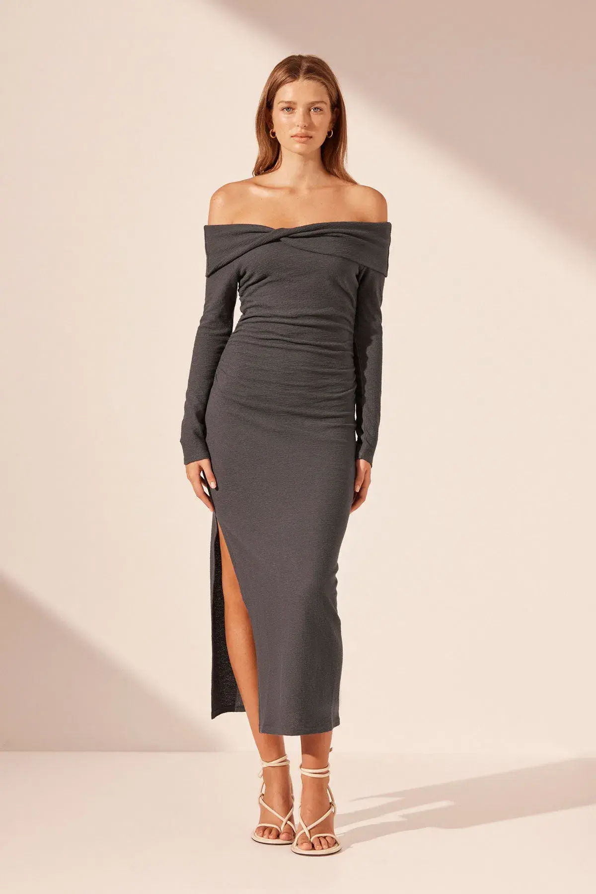 Shona Joy Beau Off Shoulder Twist Front Midi Dress in Dark Ash Size 8 - Image 1