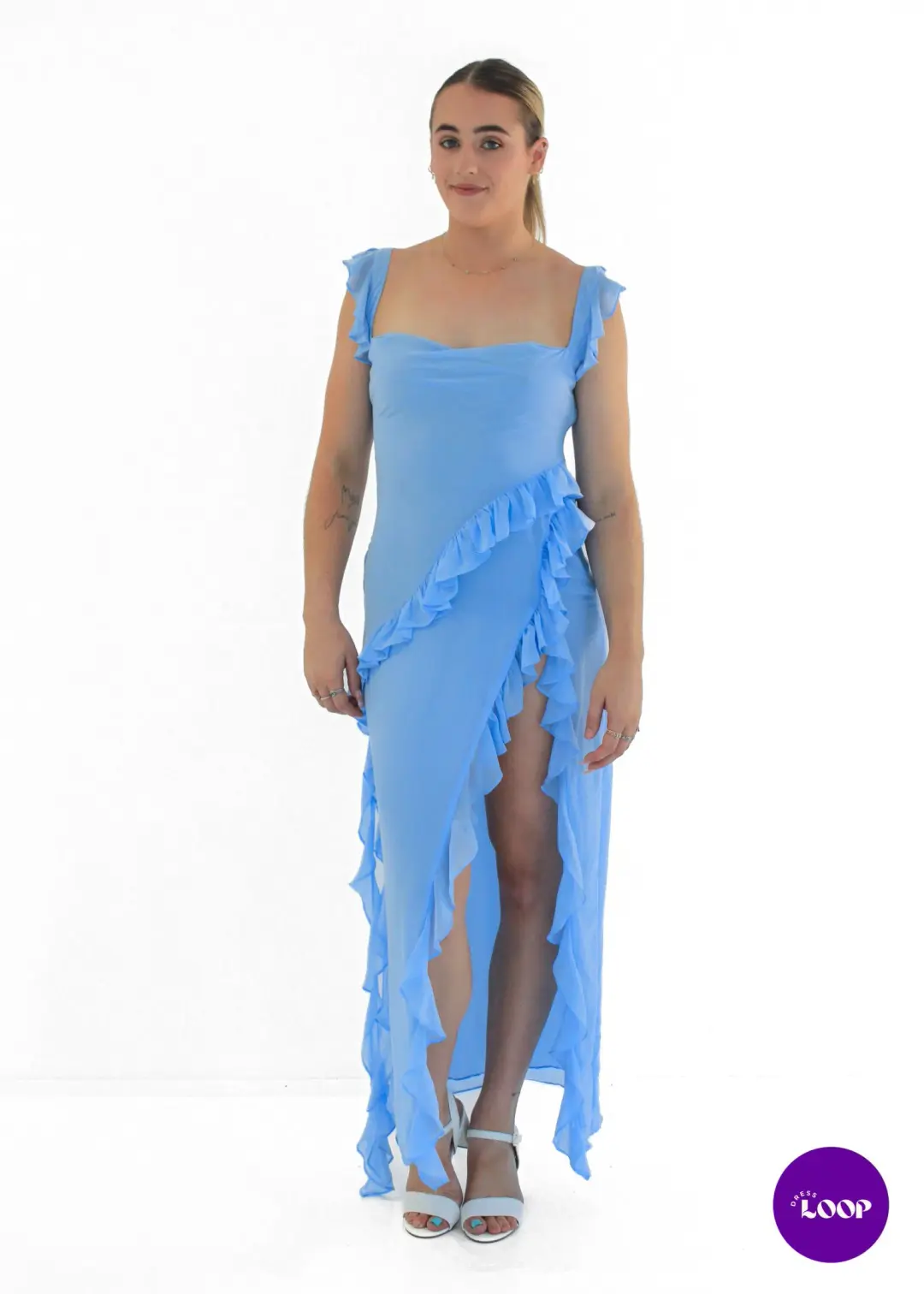 House of CB Ariela Ruffle Maxi Dress Soft Blue Size M / AU 10 for rent on The Volte - main image