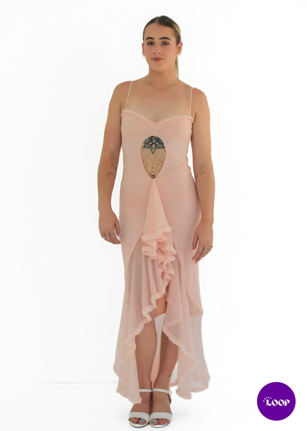 House of CB Gabriella Ruffled Front Gown Soft Peach Size S / AU 8 for rent on The Volte - main image