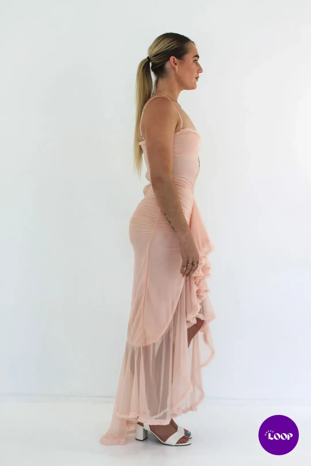 House of CB Gabriella Ruffled Front Gown Soft Peach Size S / AU 8 for rent on The Volte - main image