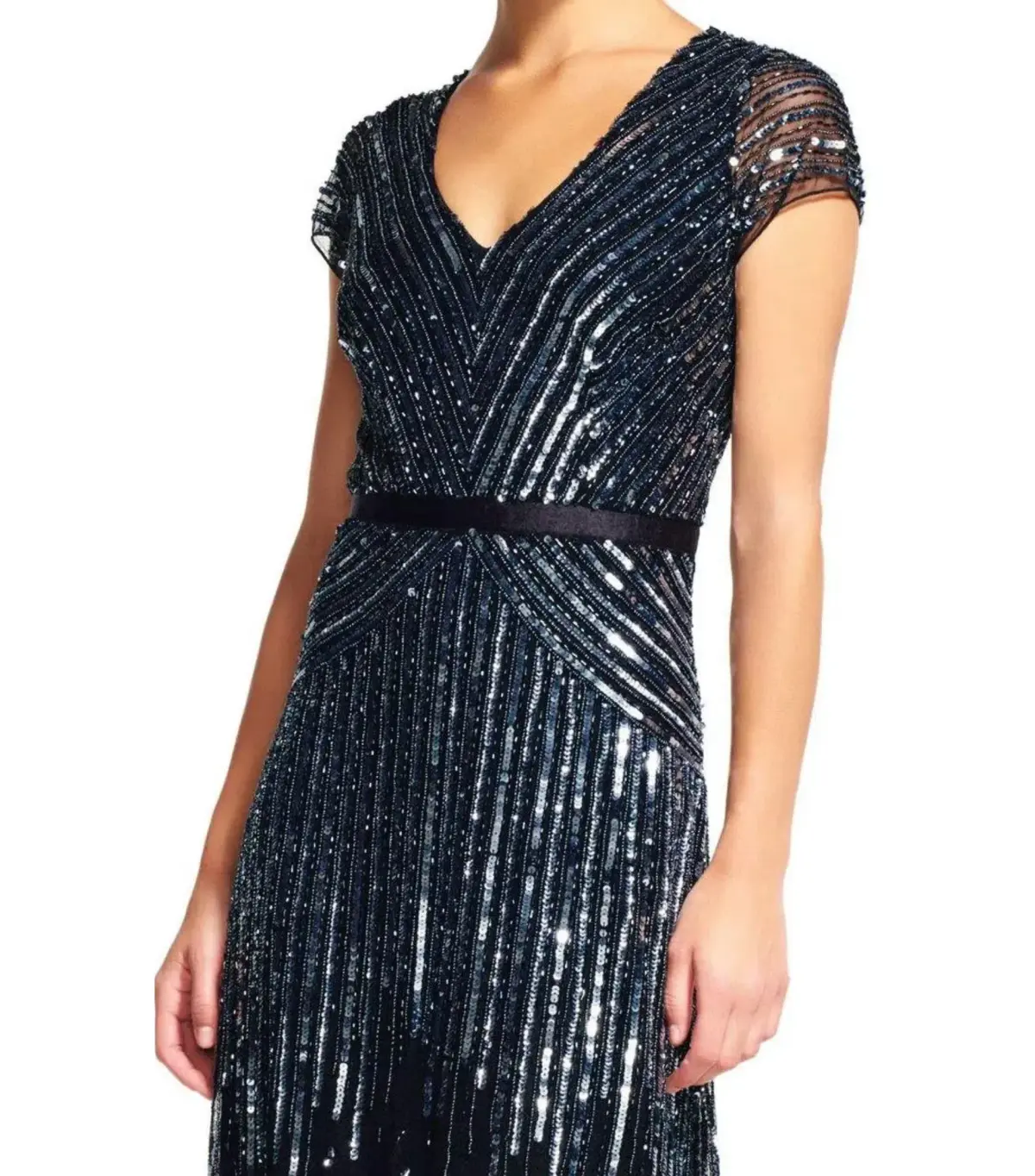 Adrianna Papell Sequinned V-Neck Cap Sleeve Gown Gunmetal Size AU 12 - Image 2