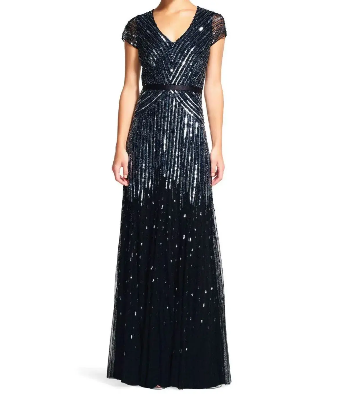 Adrianna Papell Sequinned V-Neck Cap Sleeve Gown Gunmetal Size AU 12 - Image 1