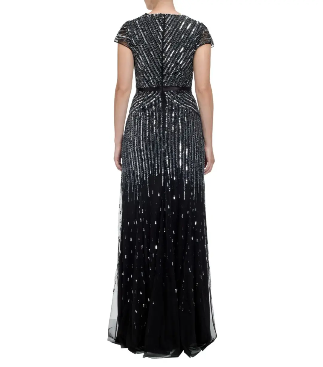 Adrianna Papell Sequinned V-Neck Cap Sleeve Gown Gunmetal Size AU 12 for rent on The Volte - main image