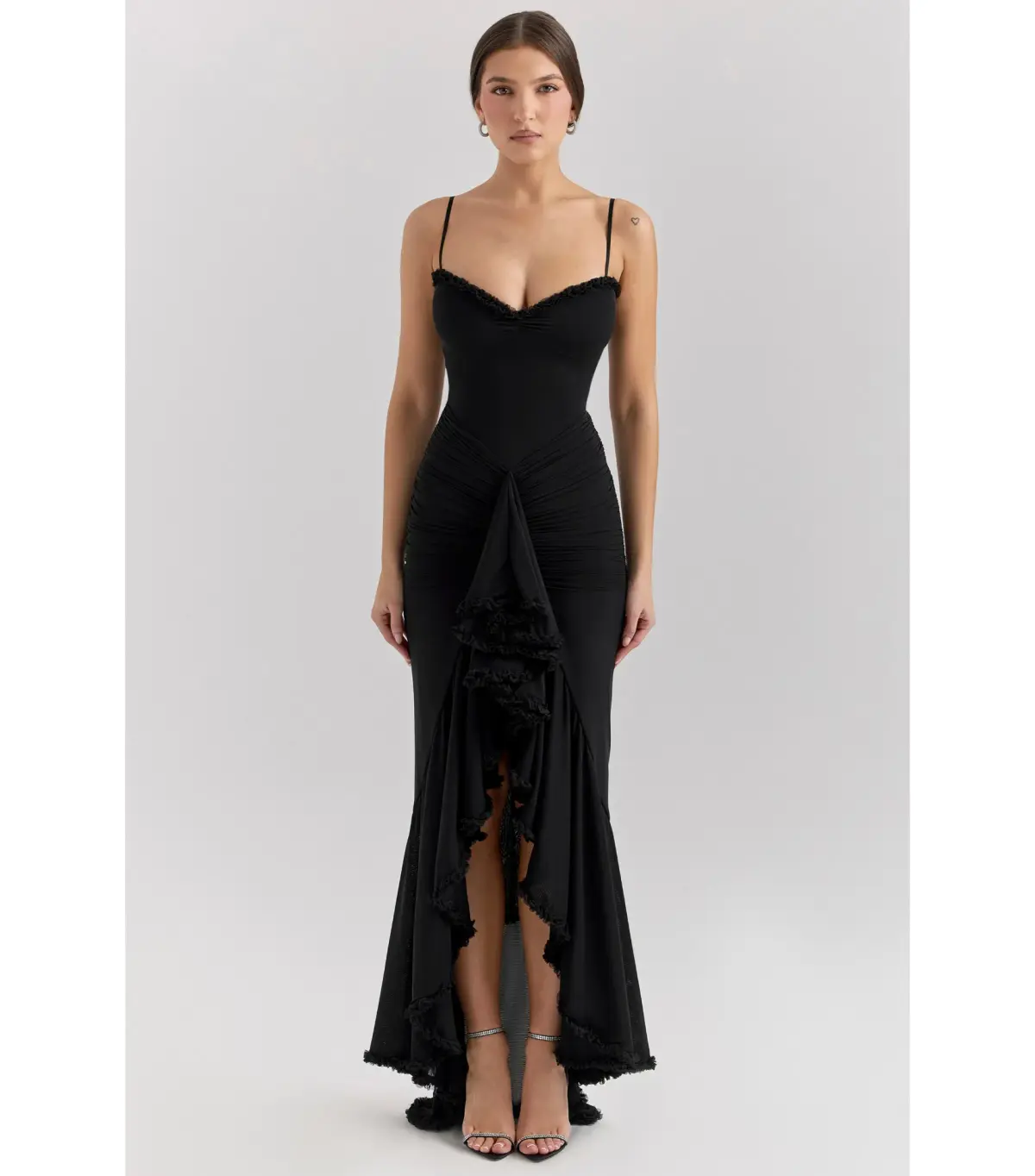 House of CB Gabbi Mesh Ruffled Front Gown Black Size XS / AU 6 - Image 1