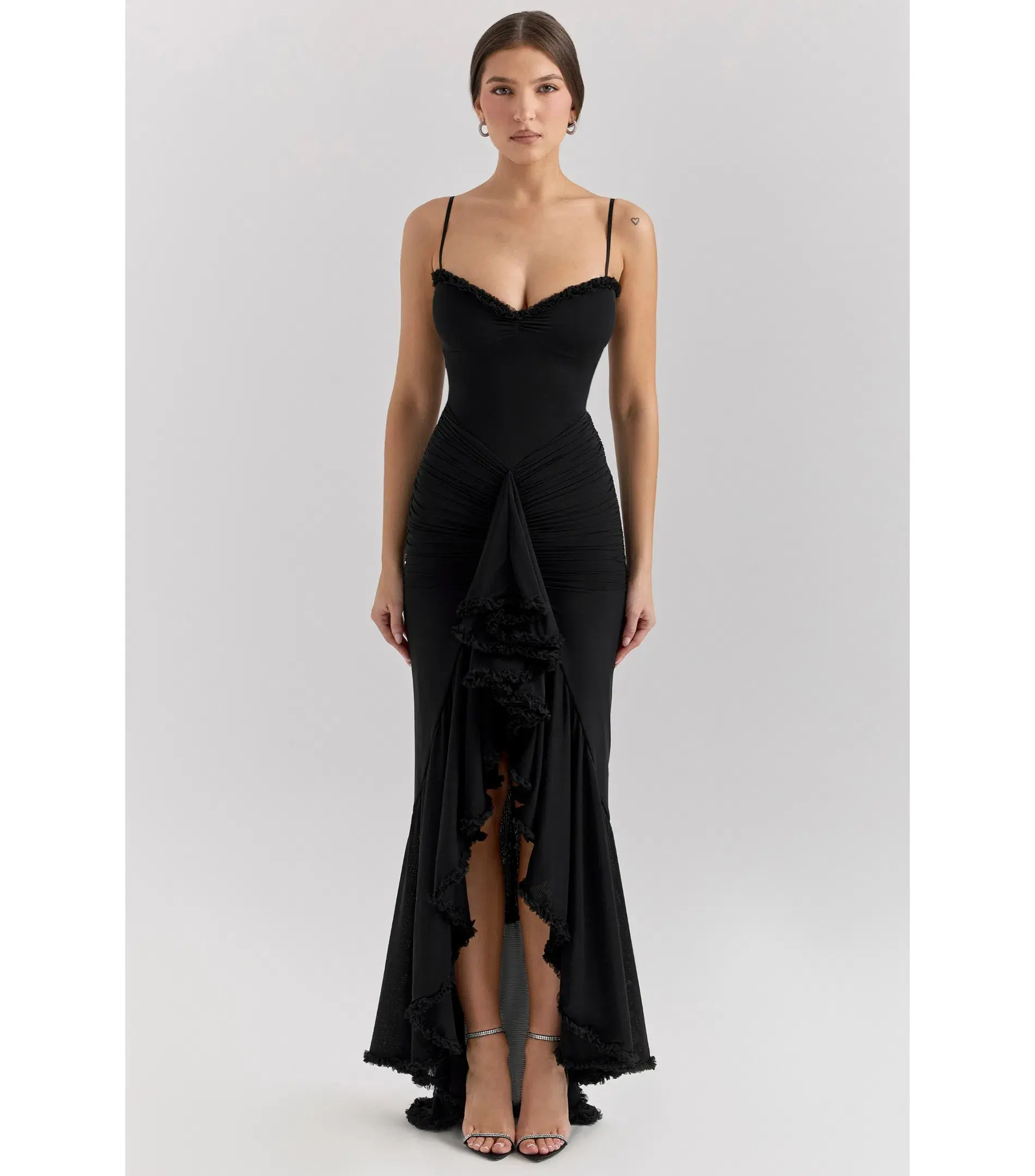 House of CB Gabbi Mesh Ruffled Front Gown Black Size XS / AU 6 - Image 1