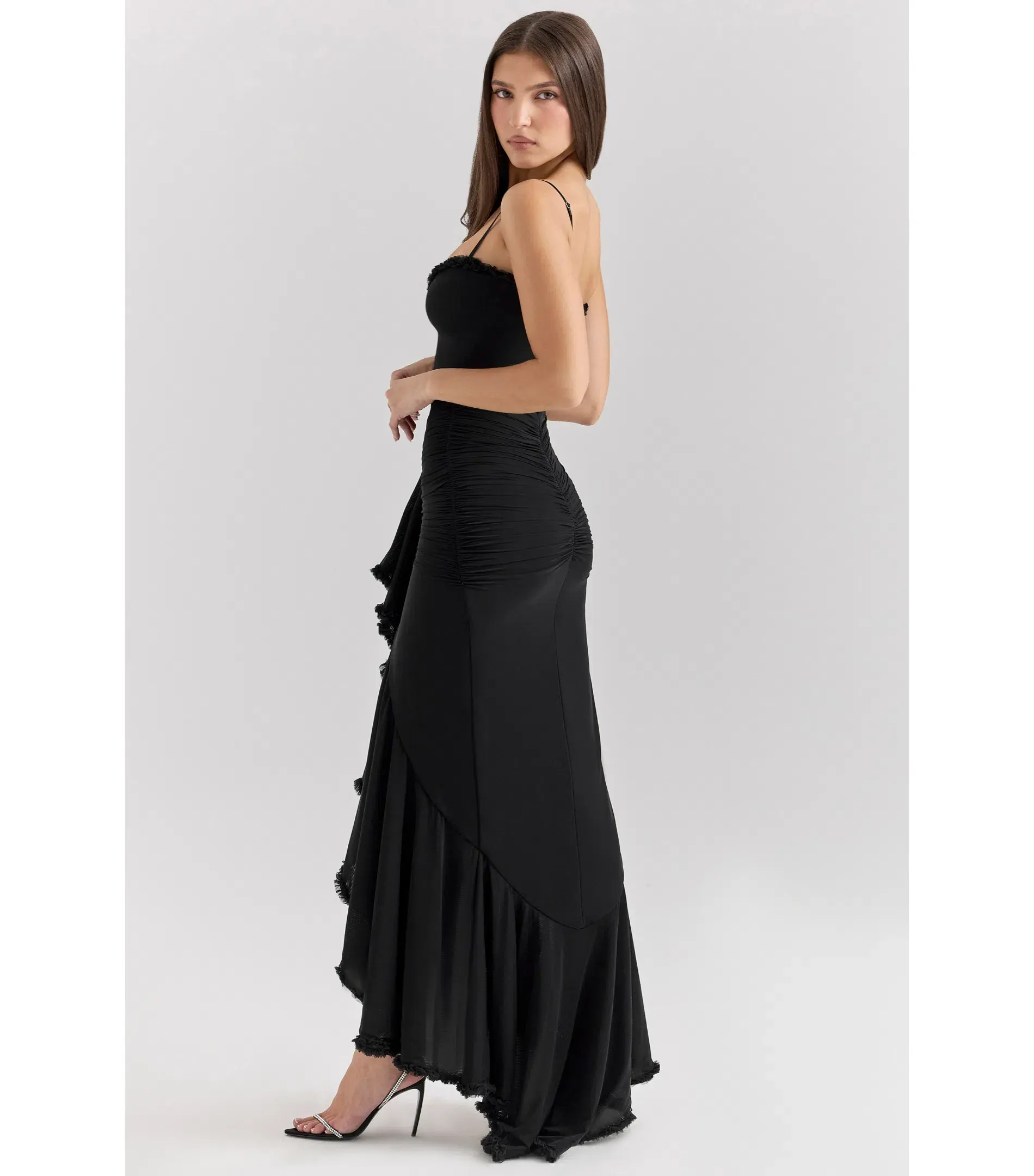 House of CB Gabbi Mesh Ruffled Front Gown Black Size XS / AU 6 - Image 4