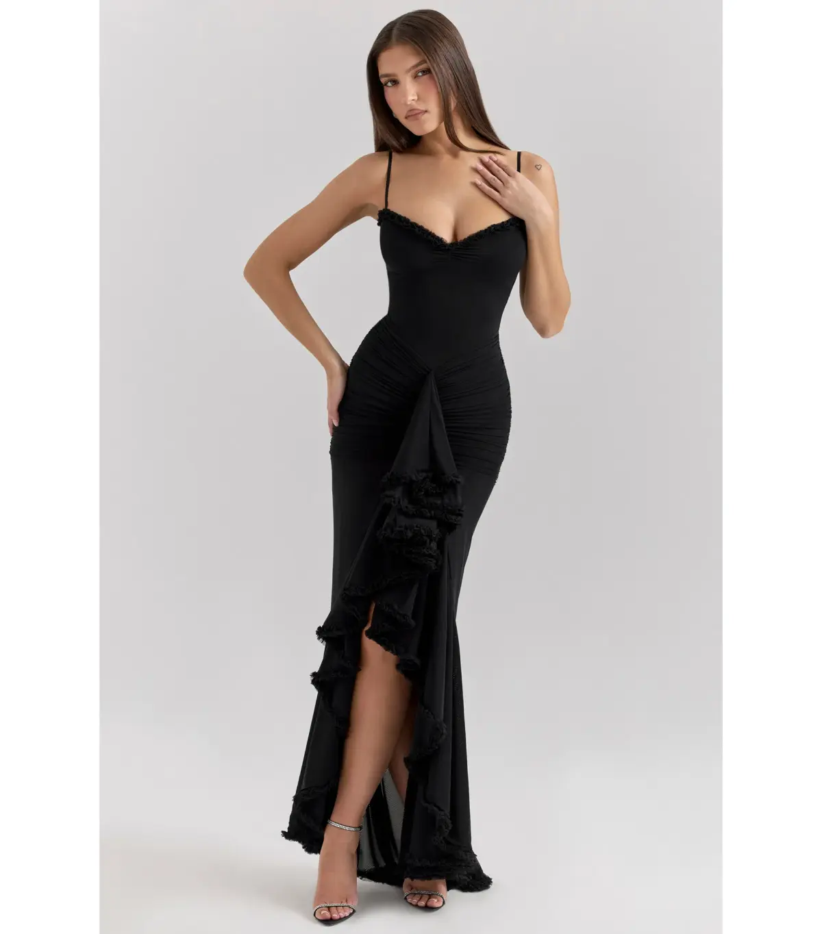 House of CB Gabbi Mesh Ruffled Front Gown Black Size XS / AU 6 - Image 2