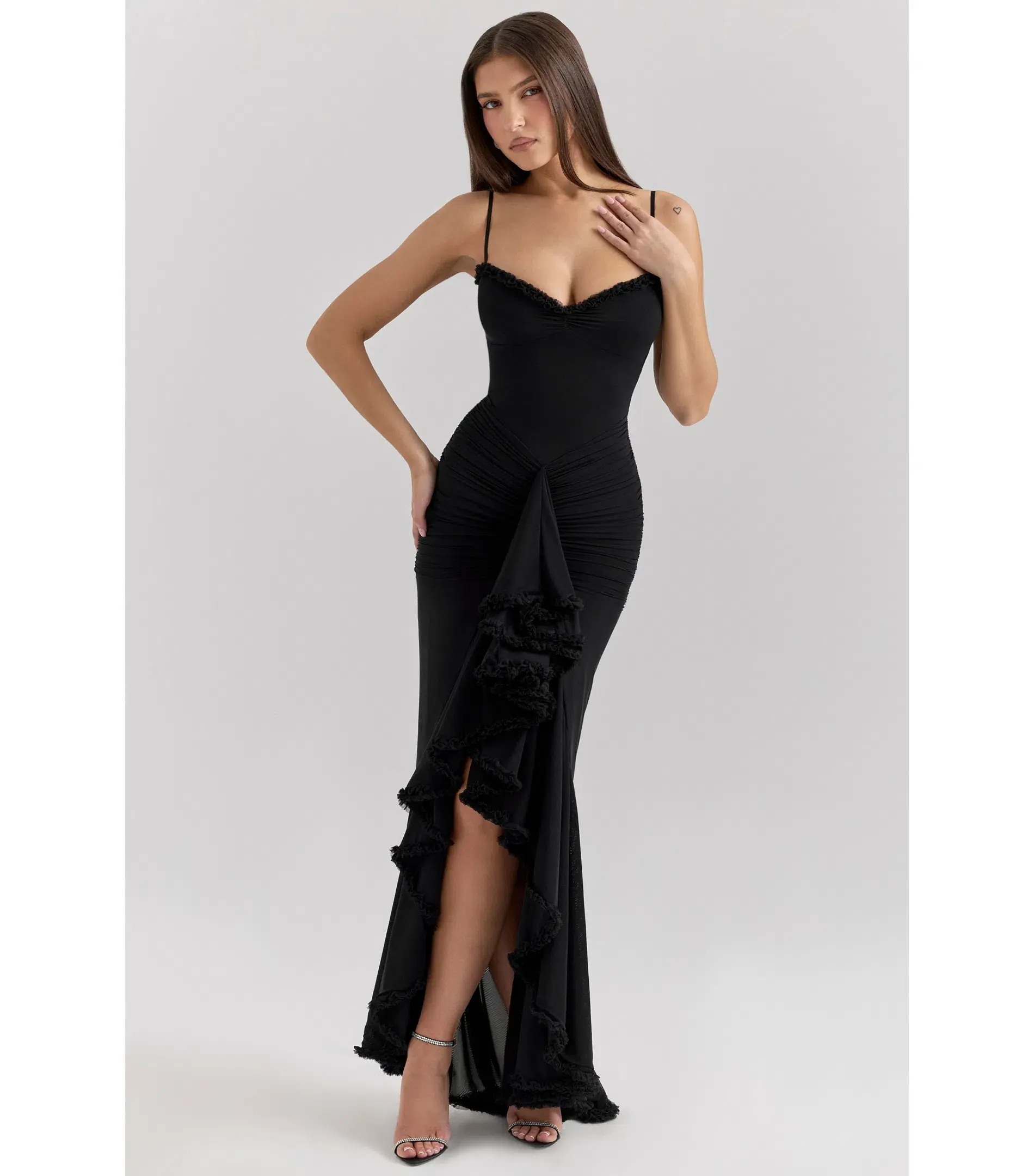 House of CB Gabbi Mesh Ruffled Front Gown Black Size XS / AU 6 - Image 2