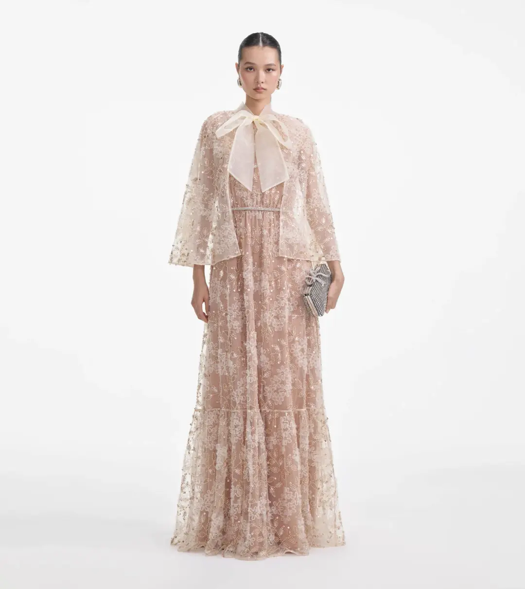 Self-Portrait Embellished Cape Maxi Dress Beige Size 8 for rent on The Volte - main image