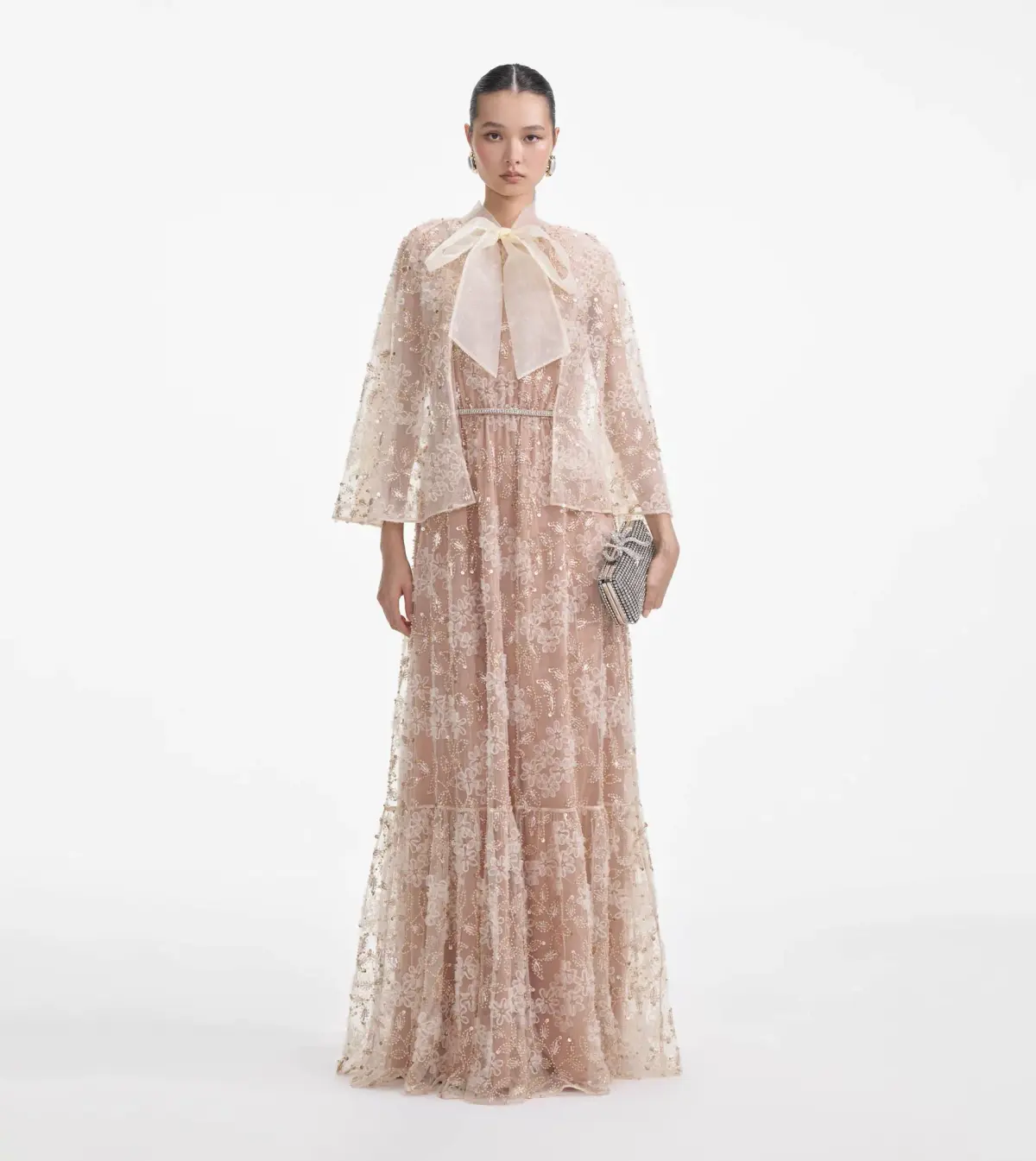 Self-Portrait Embellished Cape Maxi Dress Beige Size 8 - Image 1