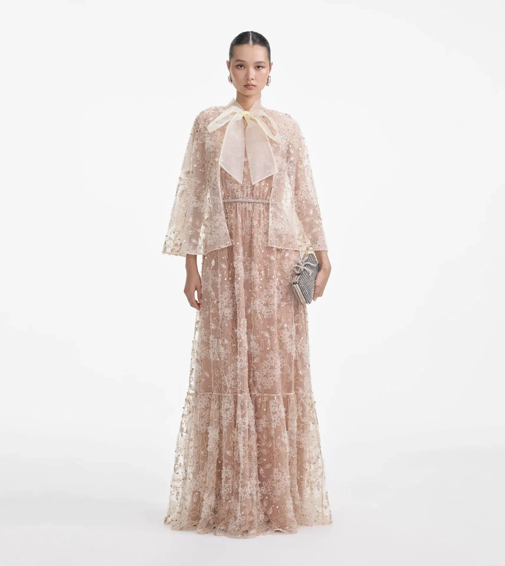 Self-Portrait Embellished Cape Maxi Dress Beige Size 8 - Image 1