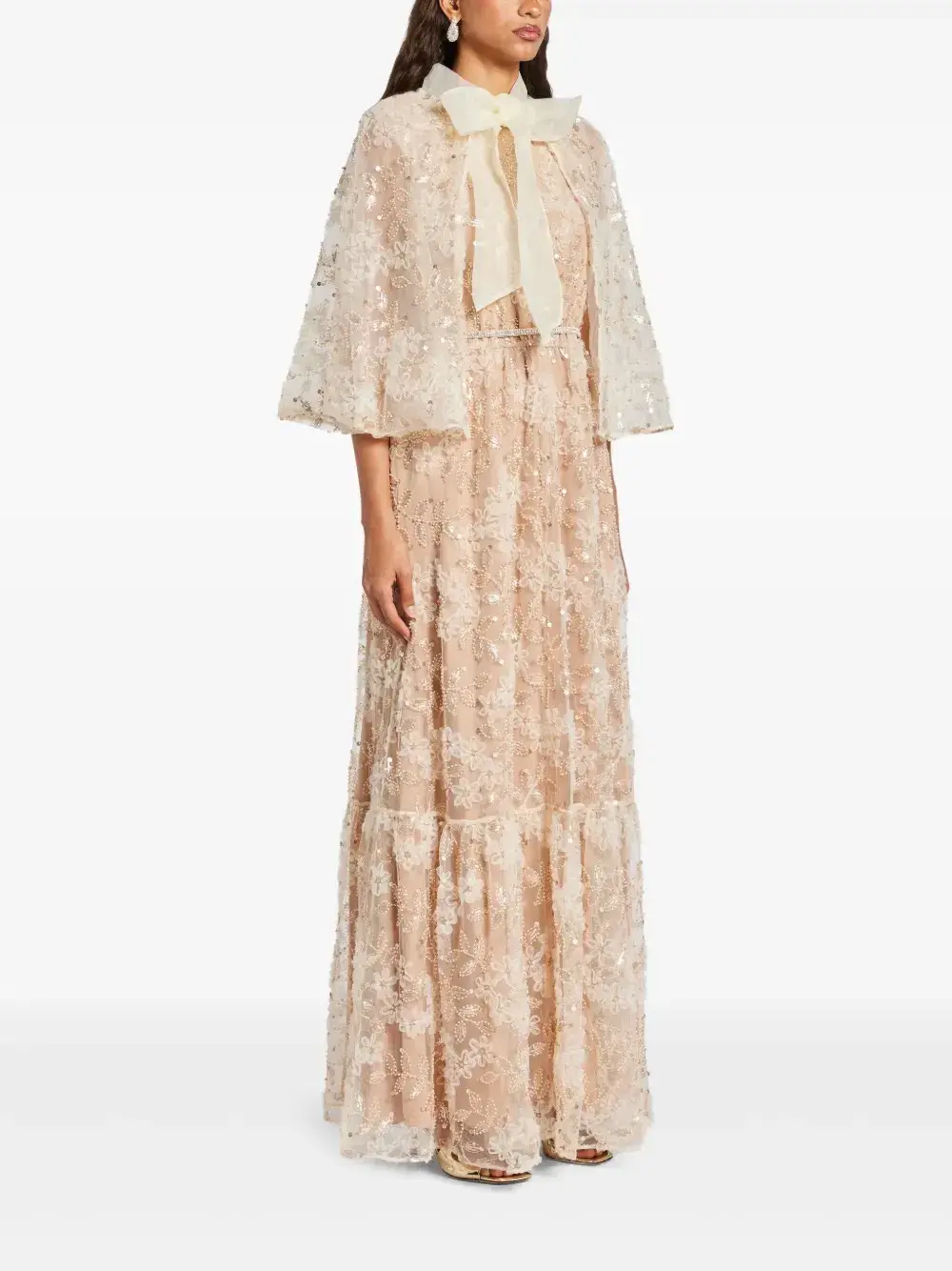 Self-Portrait Embellished Cape Maxi Dress Beige Size 8 for rent on The Volte - main image