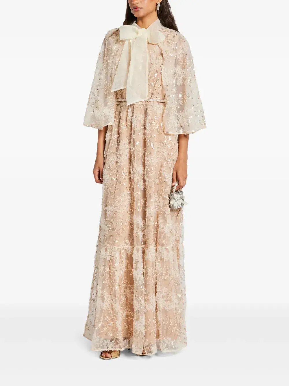 Self-Portrait Embellished Cape Maxi Dress Beige Size 8 for rent on The Volte - main image