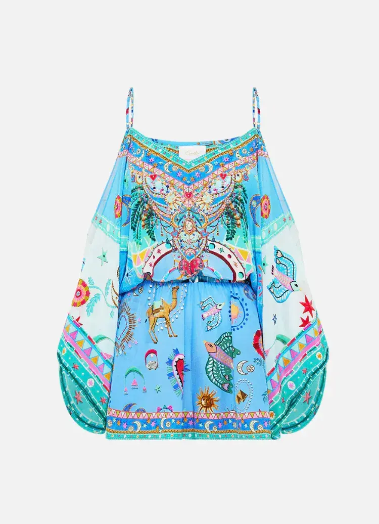 Camilla Drop Shoulder Playsuit in A Painted Village Print Size L / AU 14 - Image 6