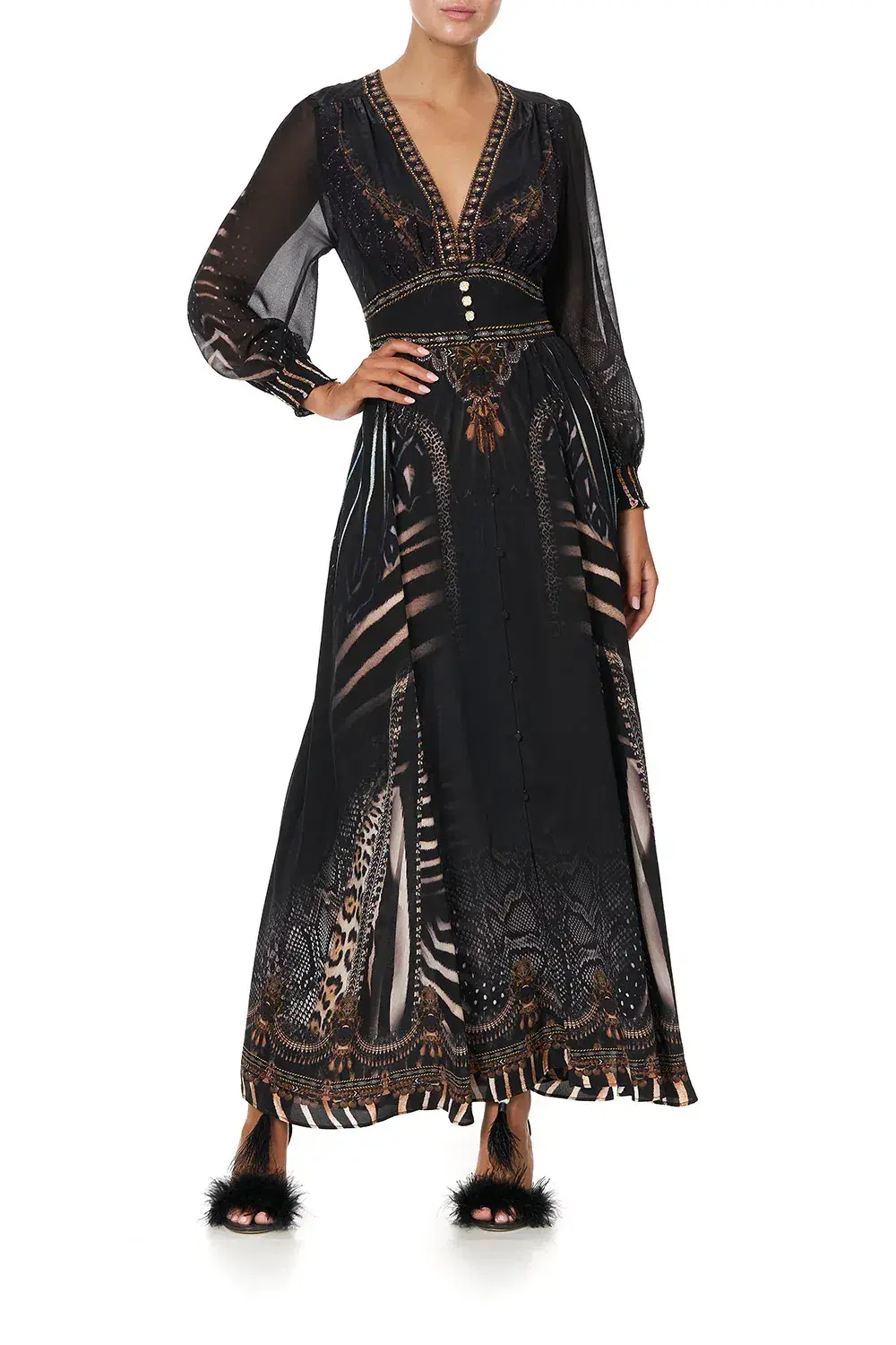 CAMILLA Silk Maxi Dress With Shaped Waistband Black Size S/Au 10  - Image 1