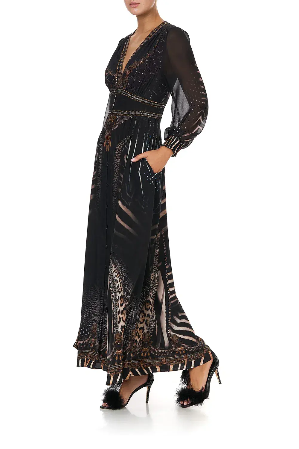 CAMILLA Silk Maxi Dress With Shaped Waistband Black Size S/Au 10  - Image 5